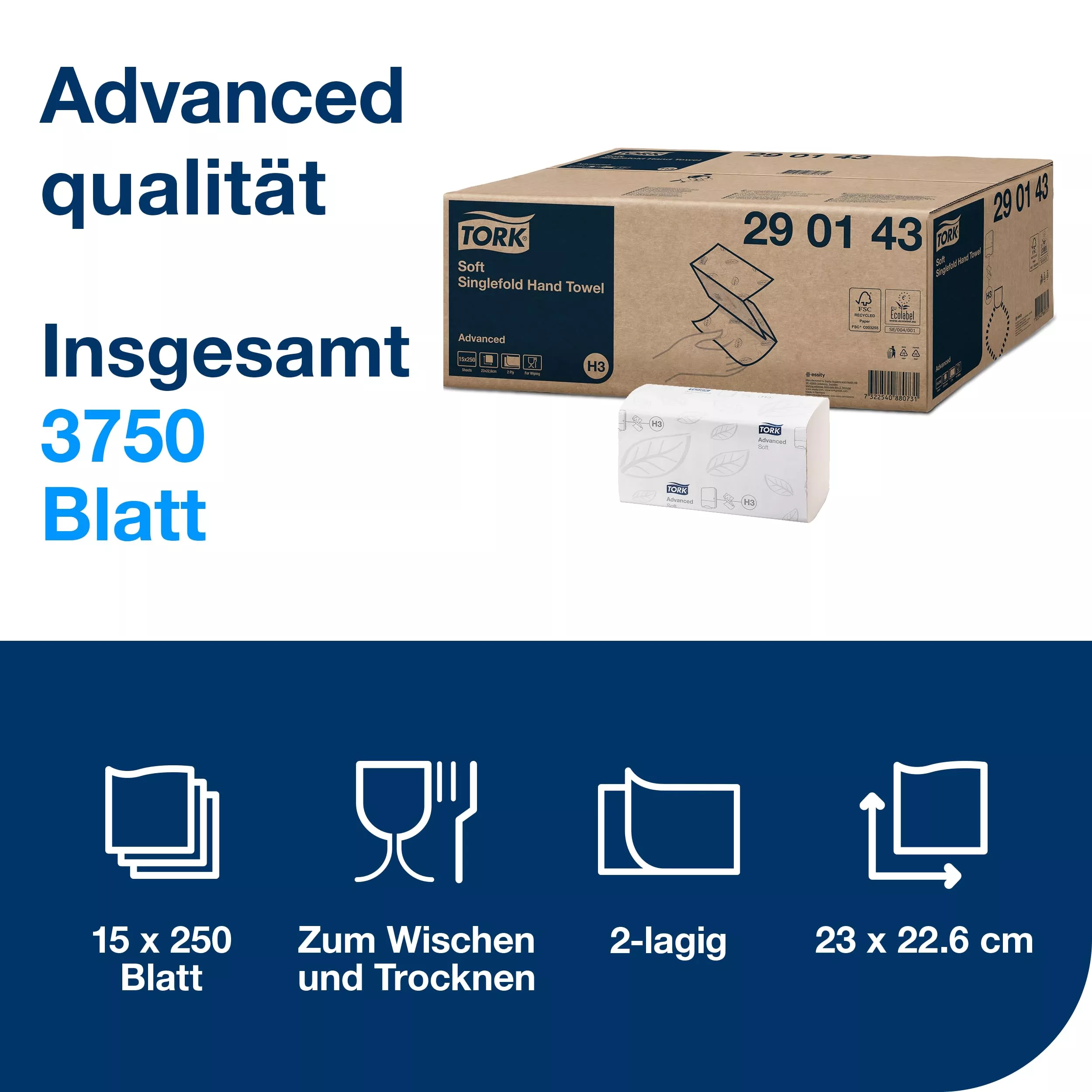 Tork weiche Zickzack-Handtücher Weiß H3, Advanced-Qualität, kosteneffizient, 15 × 250 Tücher, 290143