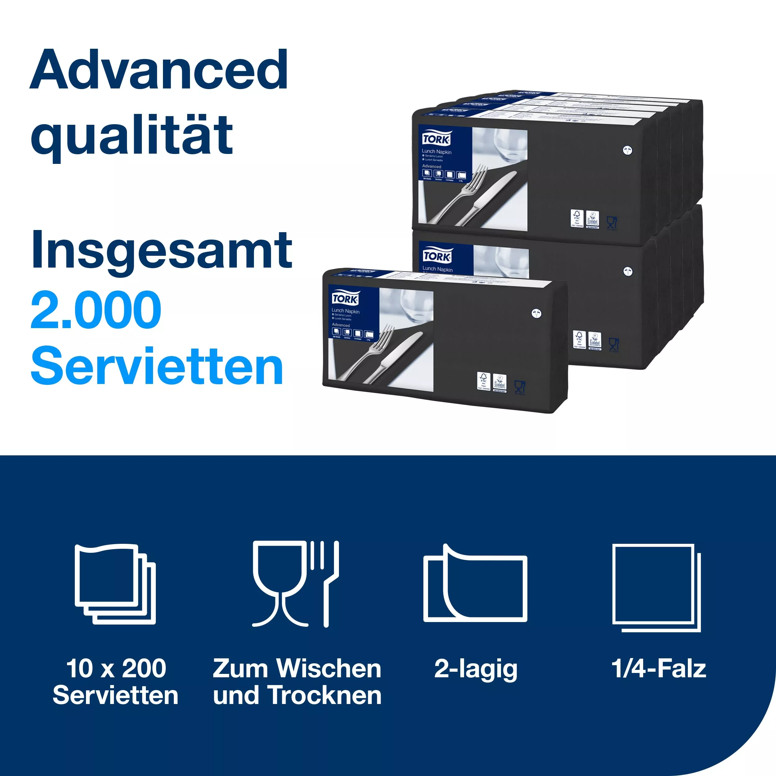 Tork Lunchserviette Schwarz, 1/4-Falz, 2-lagig, 33 cm × 33 cm, 10 × 200 Servietten, 477148