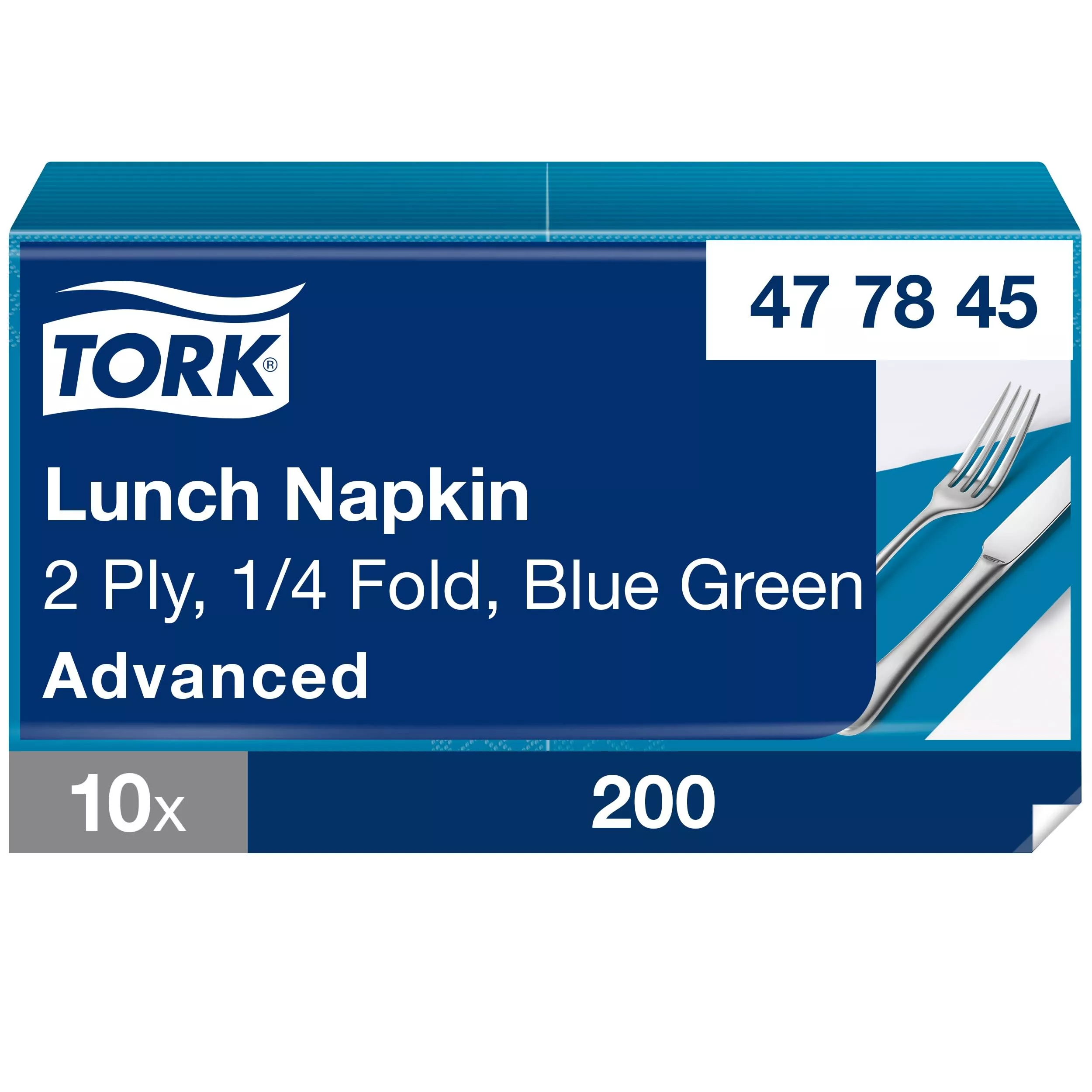 Tork Lunchserviette Blaugrün, 1/4-Falz, 2-lagig, 33 cm × 33 cm, 10 × 200 Servietten, 477845