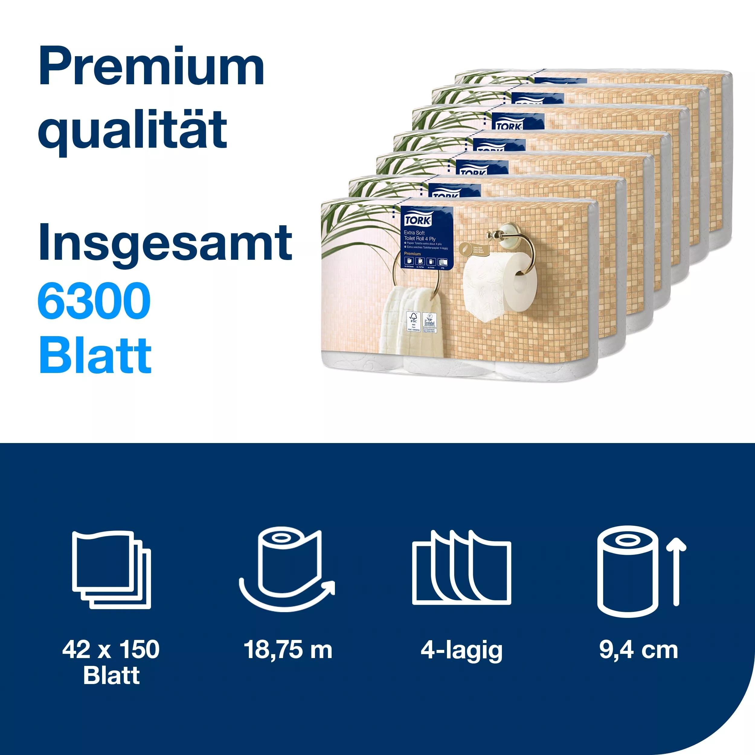 Tork extra weiches Kleinrollen Toilettenpapier Weiß T4, Premium, 4‑lagig, 42 × 150 Blatt, 110406