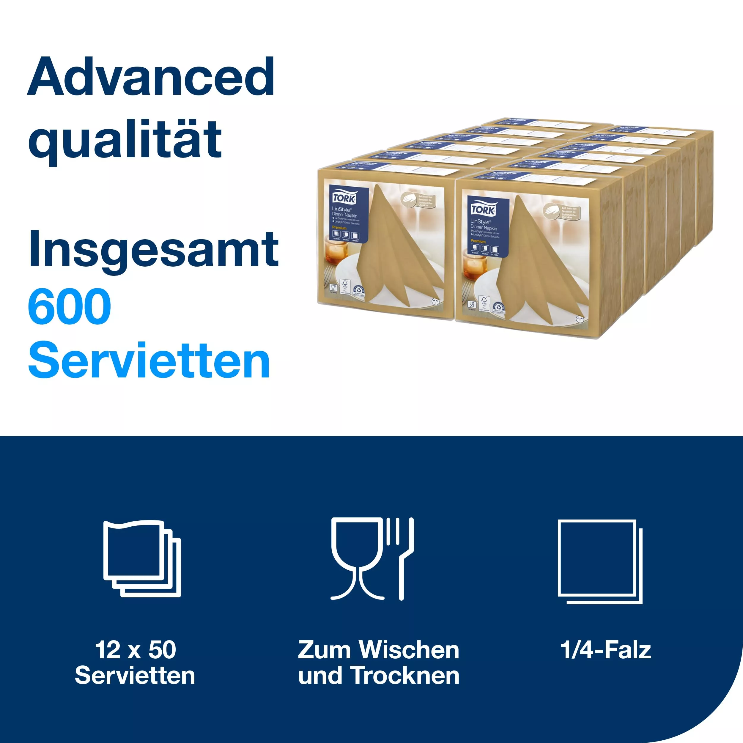 Tork LinStyle® Dinnerservietten Biscuit, 1/4‑Falz, 39 cm × 39 cm, 12 × 50 Servietten, 478874