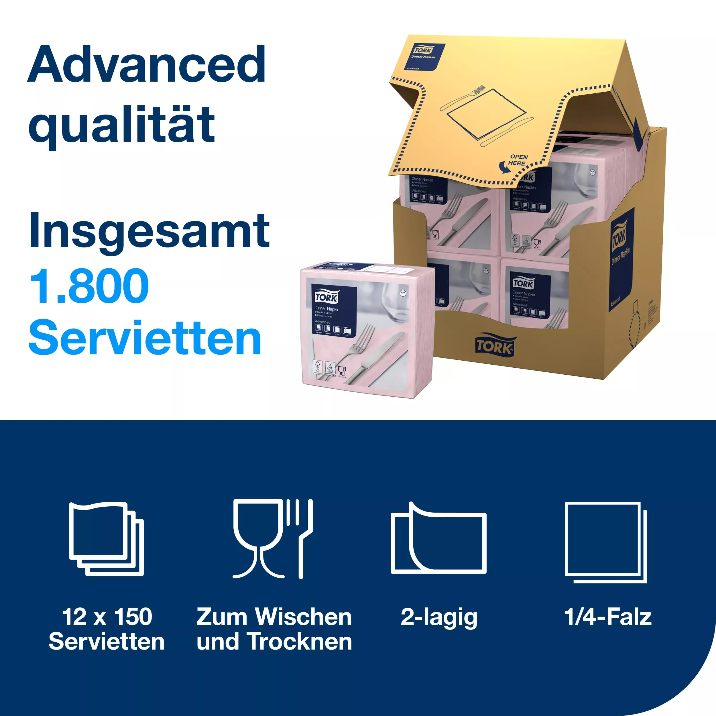 Tork Dinnerservietten Hellrosa, 1/4-Falz, 2‑lagig, 40 cm × 39 cm, 12 × 150 Servietten, 509402