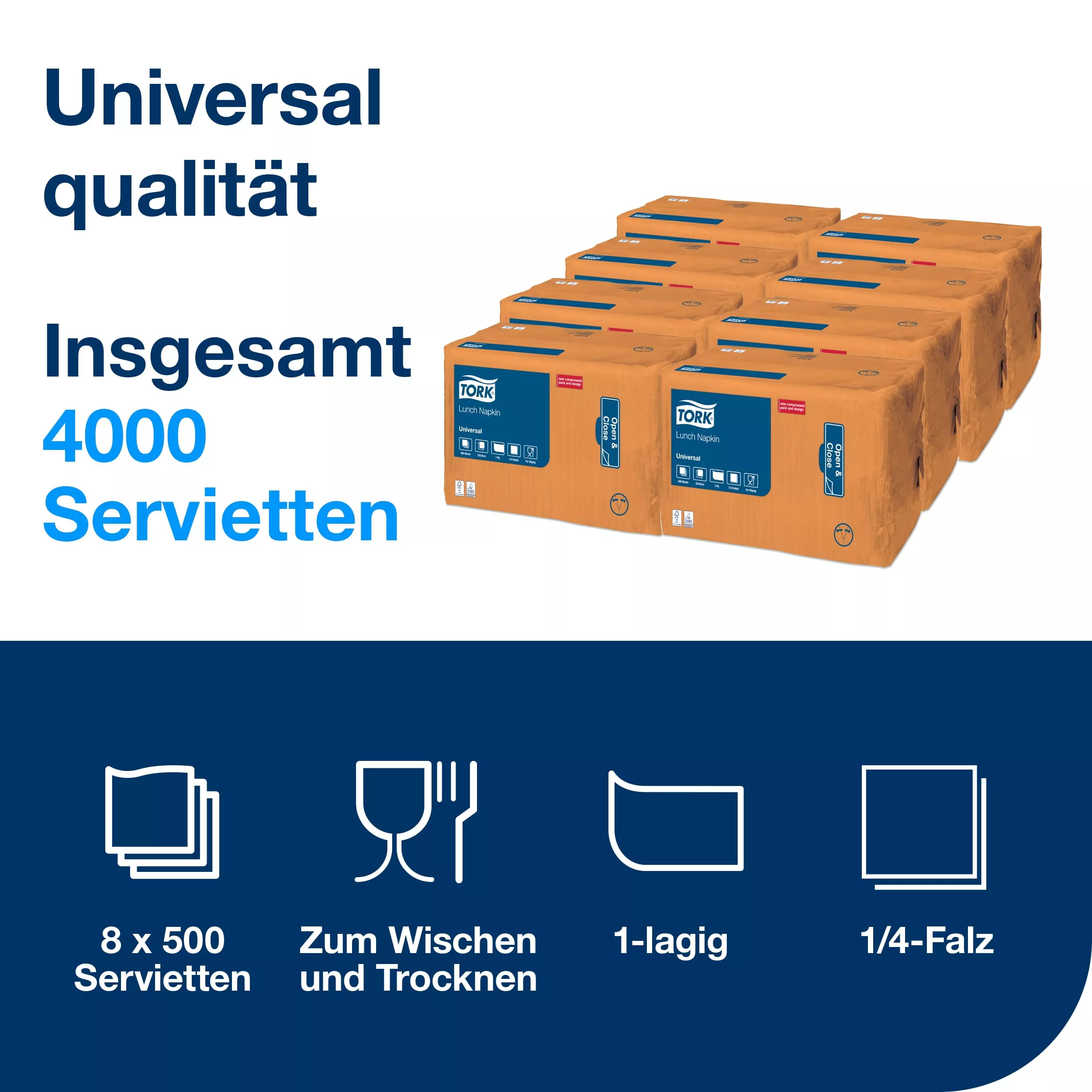 Tork Lunchservietten Orange, 1/4-Falz, 1-lagig, 33 cm × 33 cm, 8 × 500 Servietten, 509304