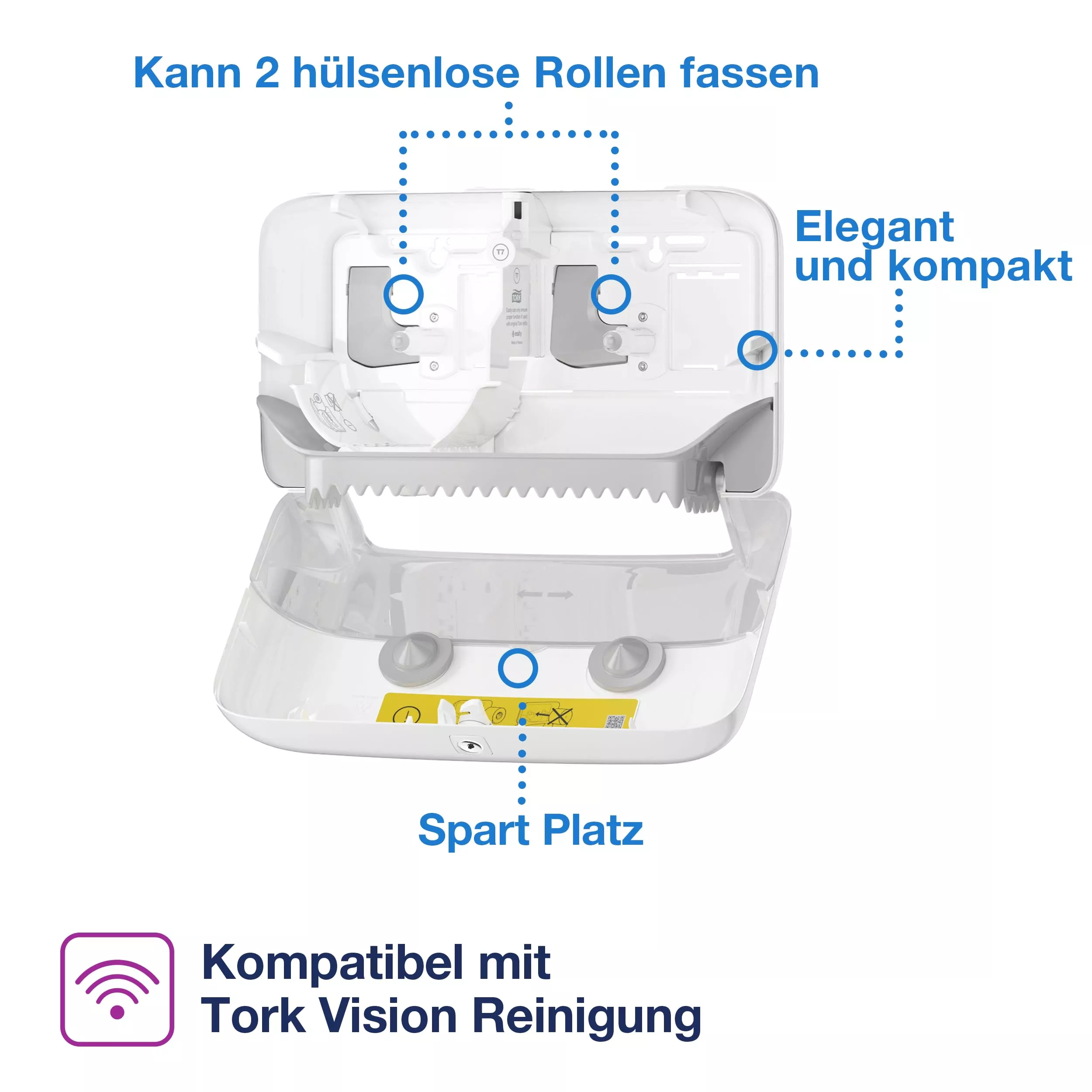 Tork OptiServe® Doppelrollenspender für Hülsenloses Toilettenpapier Weiß T7, horizontaler Toilettenrollenspender, Elevation Design, 558040