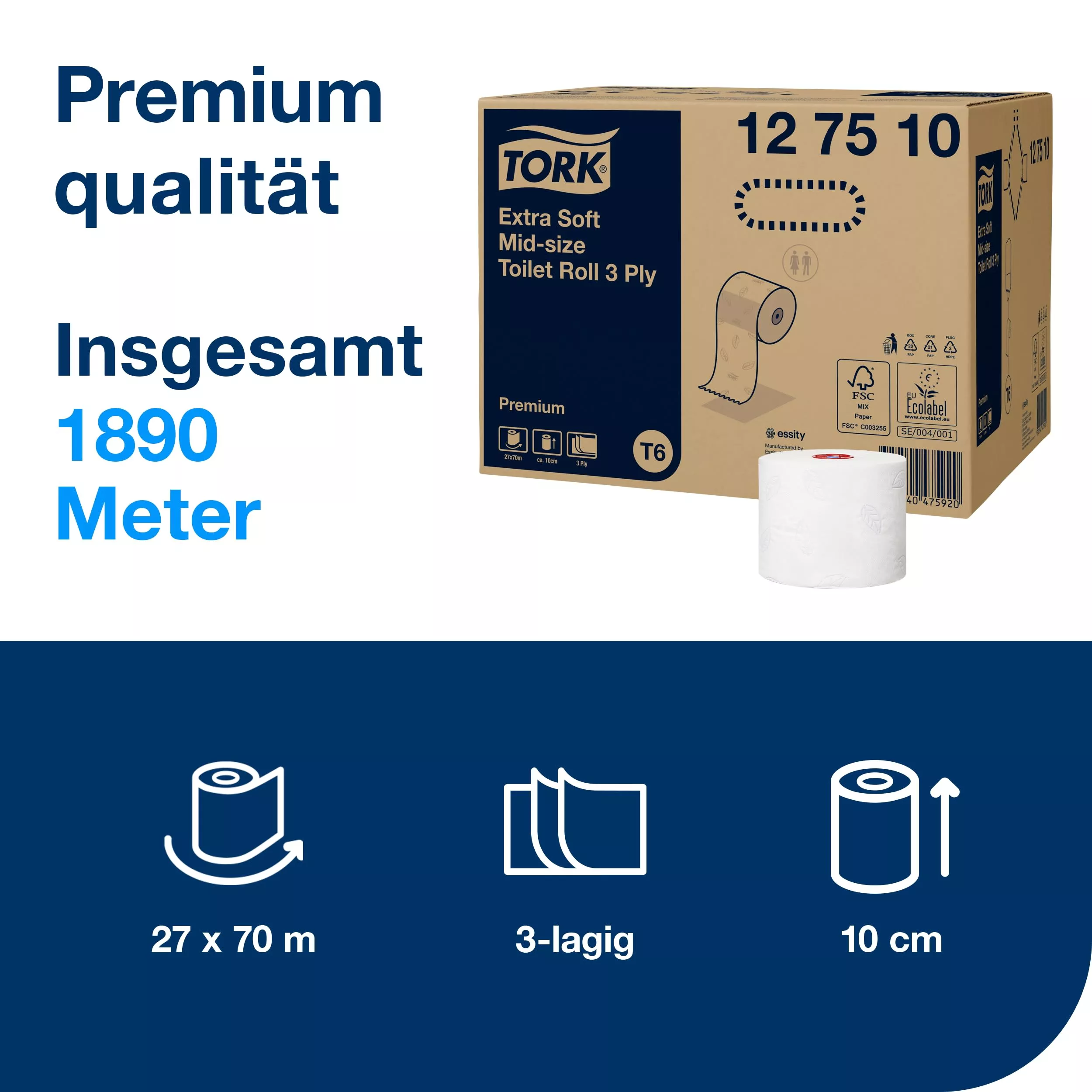 Tork extra weiche Midi Toilettenpapierrolle Weiß T6, Premium, 3-lagig, 27 Rollen, 127510