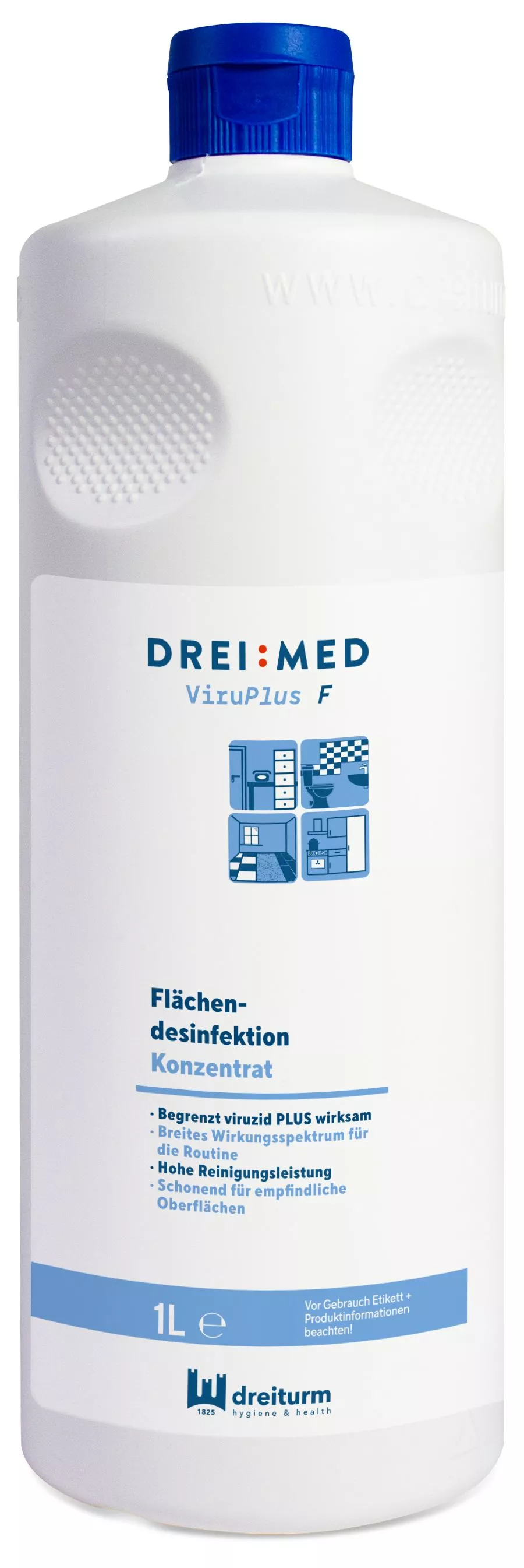 Flächendesinfektionsmittel, Desinfektionskonzentrat, 1-Liter-Flasche, weißer Kunststoffbehälter, blauer Verschluss
