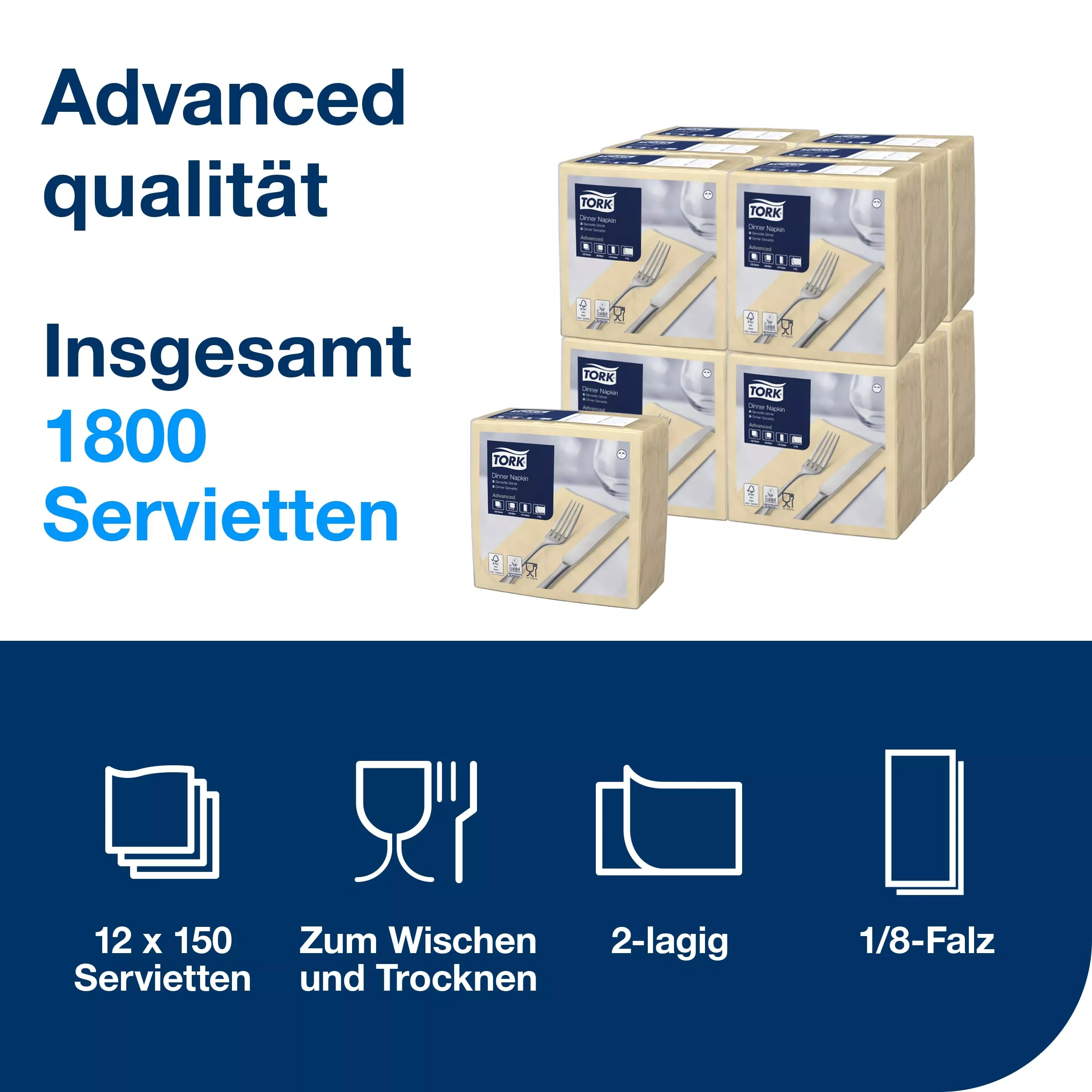 Tork Dinnerservietten Sand, 1/8‑Falz, 2‑lagig, 39 cm × 39 cm, 12 × 150 Servietten, 477565