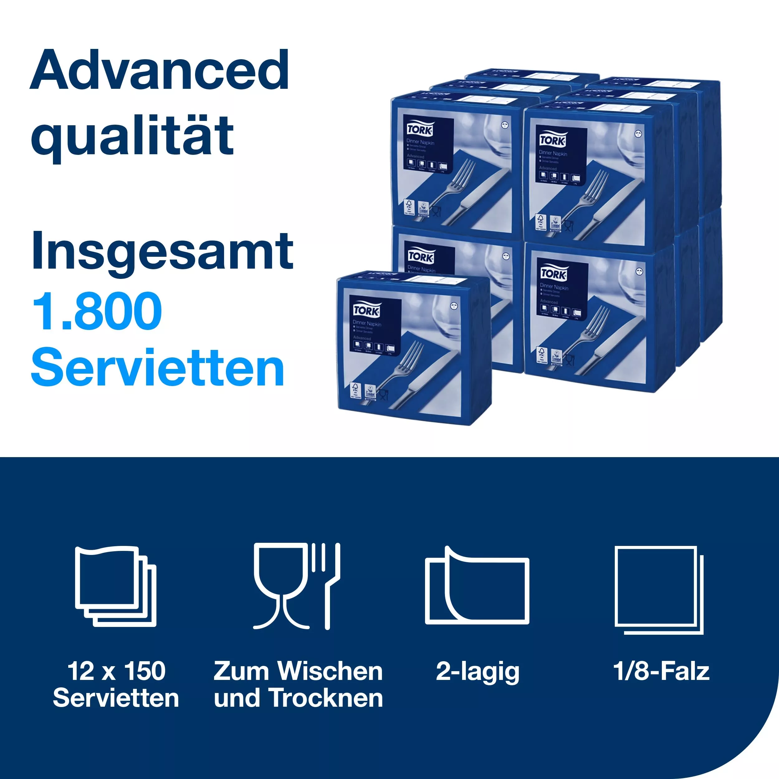 Tork Dinnerservietten Dunkelblau, 1/8‑Falz, 2‑lagig, 39 cm × 39 cm, 12 × 150 Servietten, 470405