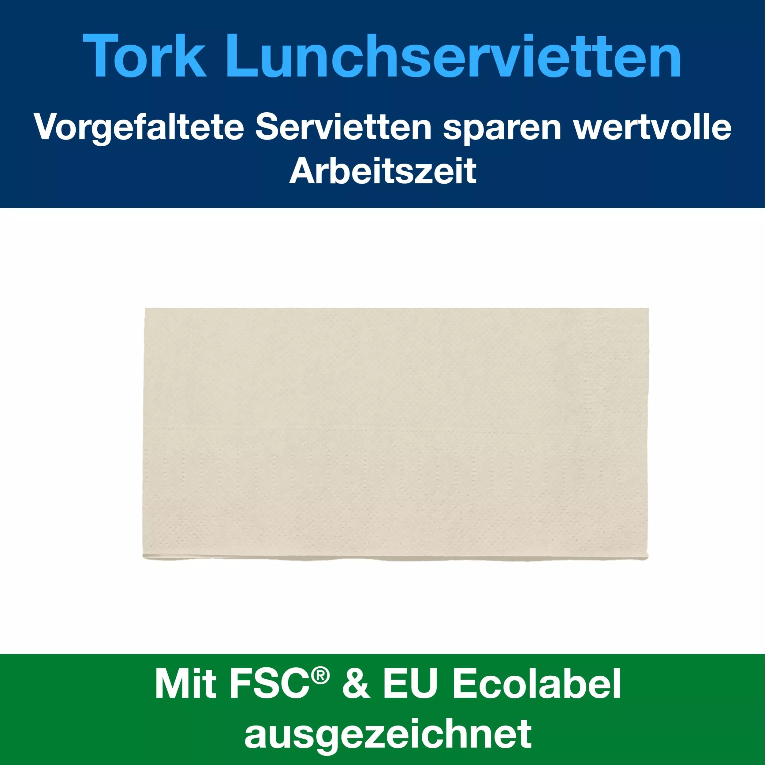 Tork Lunchserviette Natur, 1/8-Falz, 2-lagig, 33 cm × 33 cm, 10 × 200 Servietten, 477351
