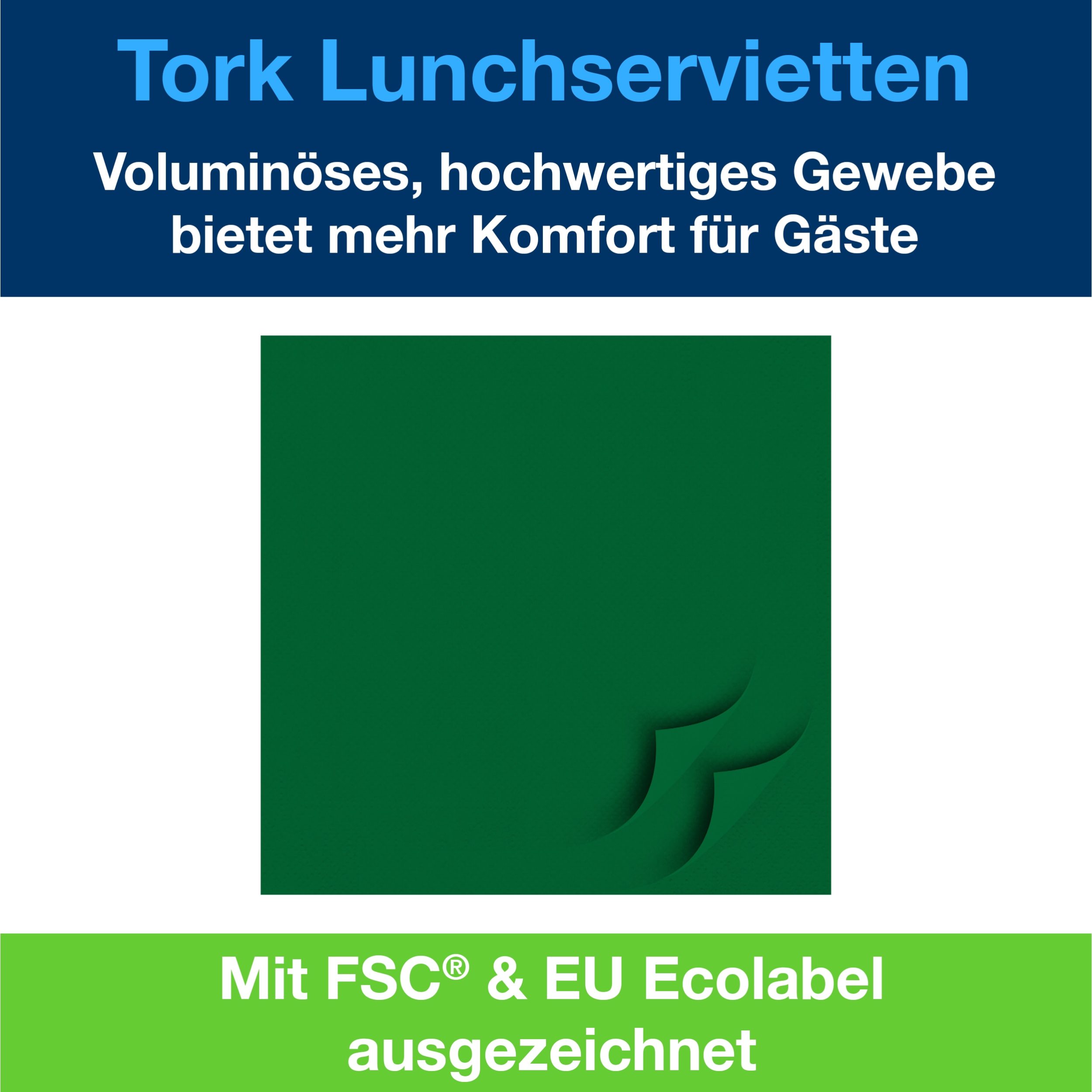Tork Soft Lunchserviette Dunkelgrün, 1/4-Falz, 3-lagig, 33 cm × 33 cm, 10 × 150 Servietten, 477413