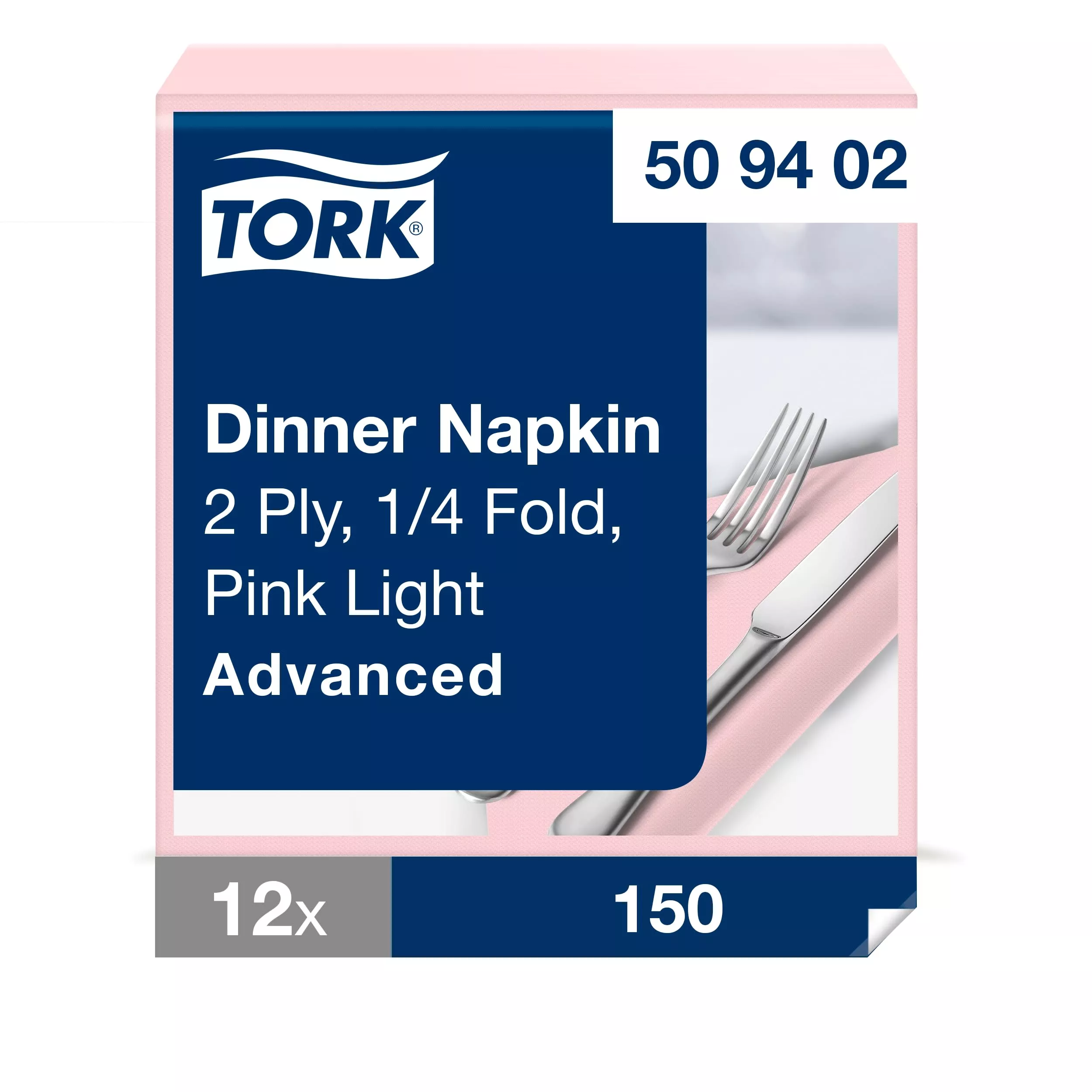 Tork Dinnerservietten Hellrosa, 1/4-Falz, 2‑lagig, 40 cm × 39 cm, 12 × 150 Servietten, 509402