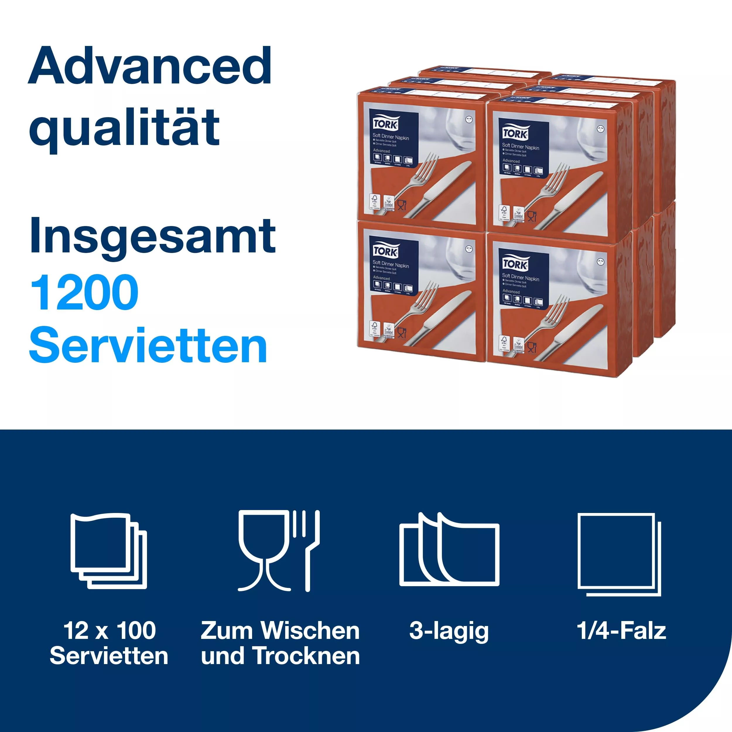 Tork Soft Dinnerservietten Terracotta, 1/4‑Falz, 3‑lagig, 40 cm × 39 cm, 12 × 100 Servietten, 477601