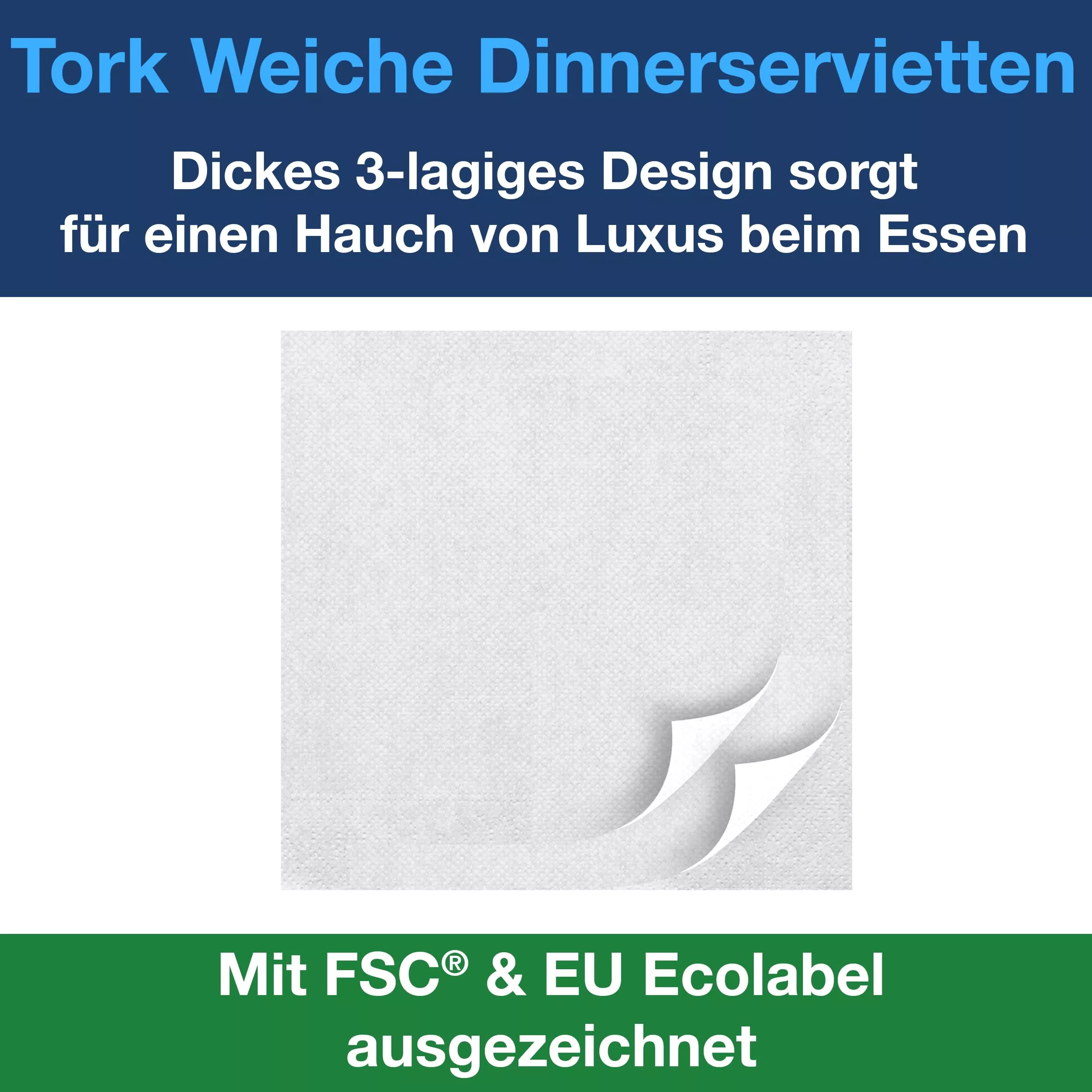 Tork Soft Dinnerservietten Weiß, 1/4‑Falz, 3‑lagig, 40 cm × 39 cm, 12 × 100 Servietten, 477577
