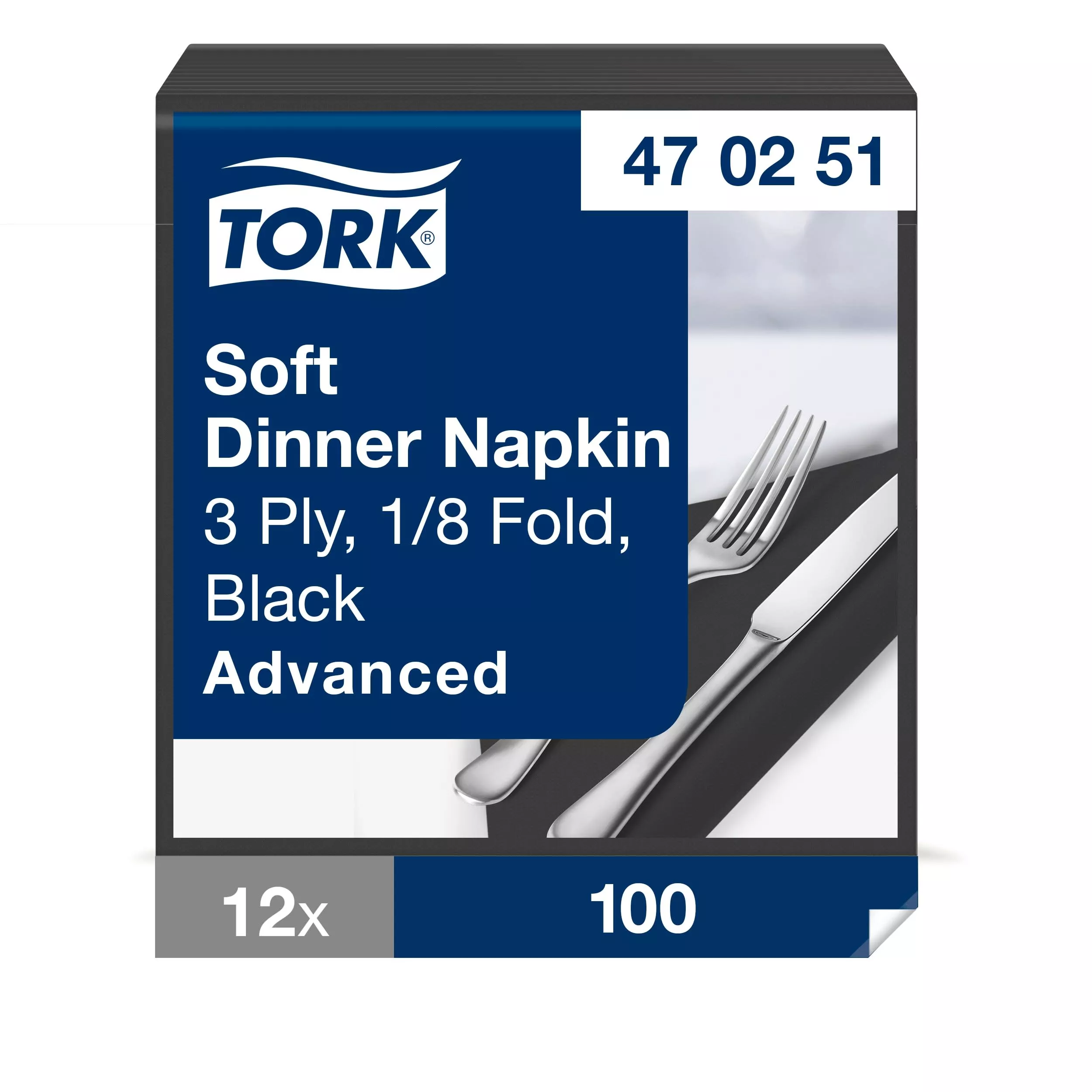 Tork Soft Dinnerservietten Schwarz, 1/8‑Falz, 3‑lagig, 39 cm × 39 cm, 12 × 100 Servietten, 470251