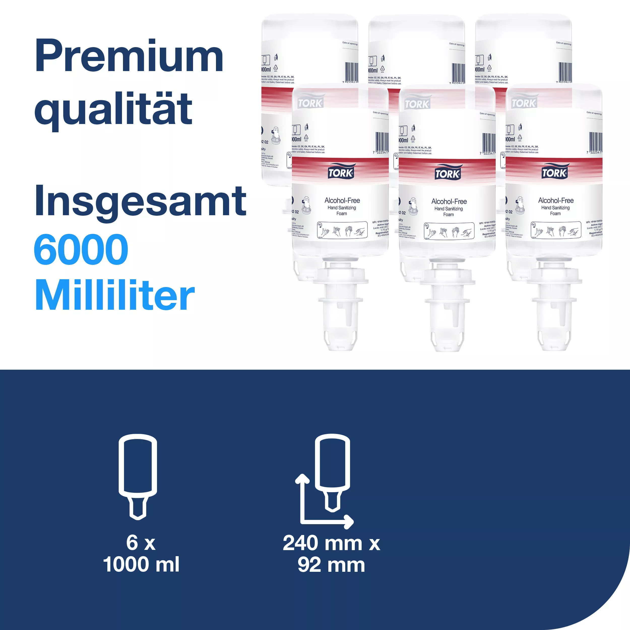 Tork alkoholfreier Händedesinfektionsschaum S4, dermatologisch getestetes Desinfektionsmittel, 6 × 1.000 ml, 520202