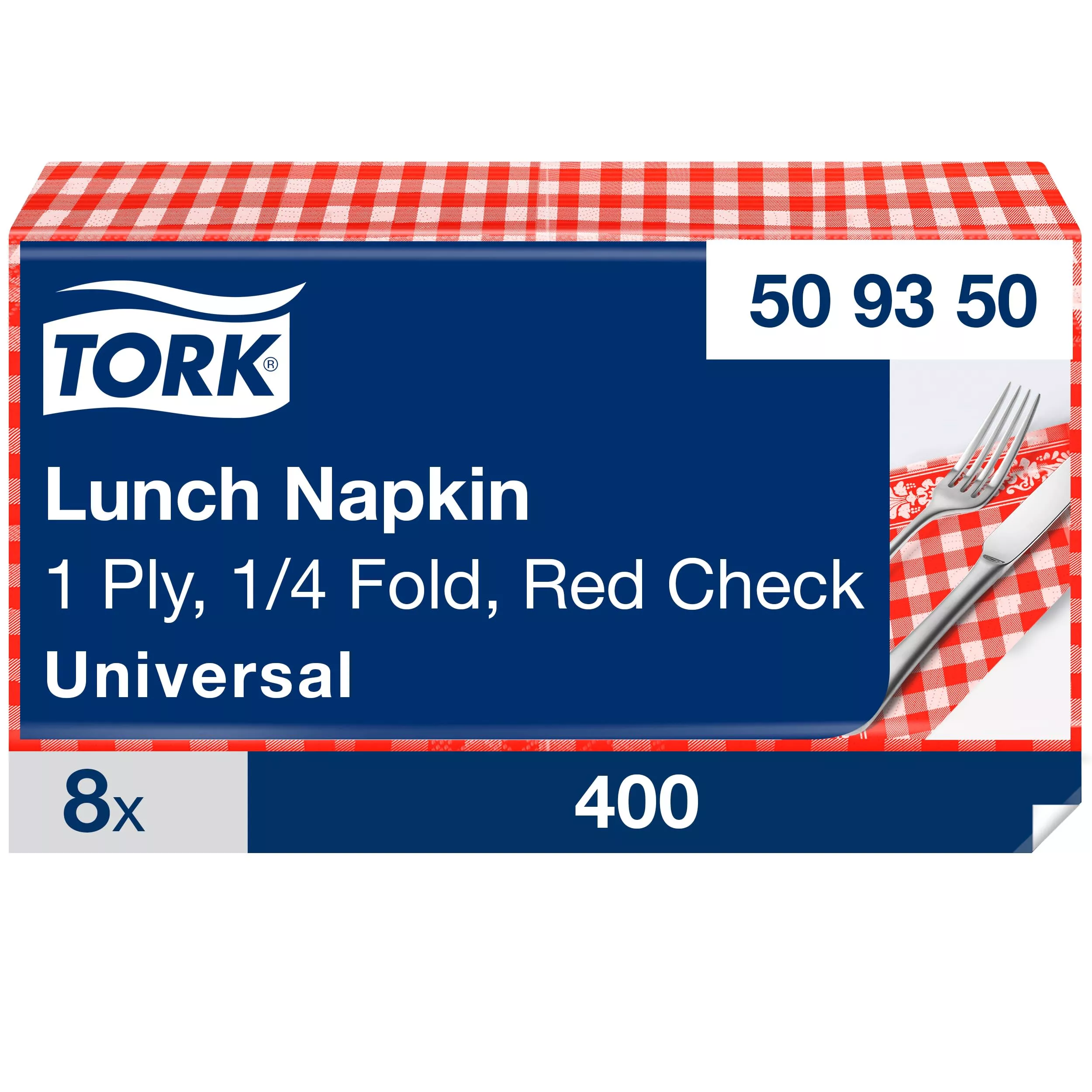 Tork Rotkarierte Lunchserviette, 1/4-Falz, 1-lagig, 33 cm × 33 cm, 8 × 400 Servietten, 509350