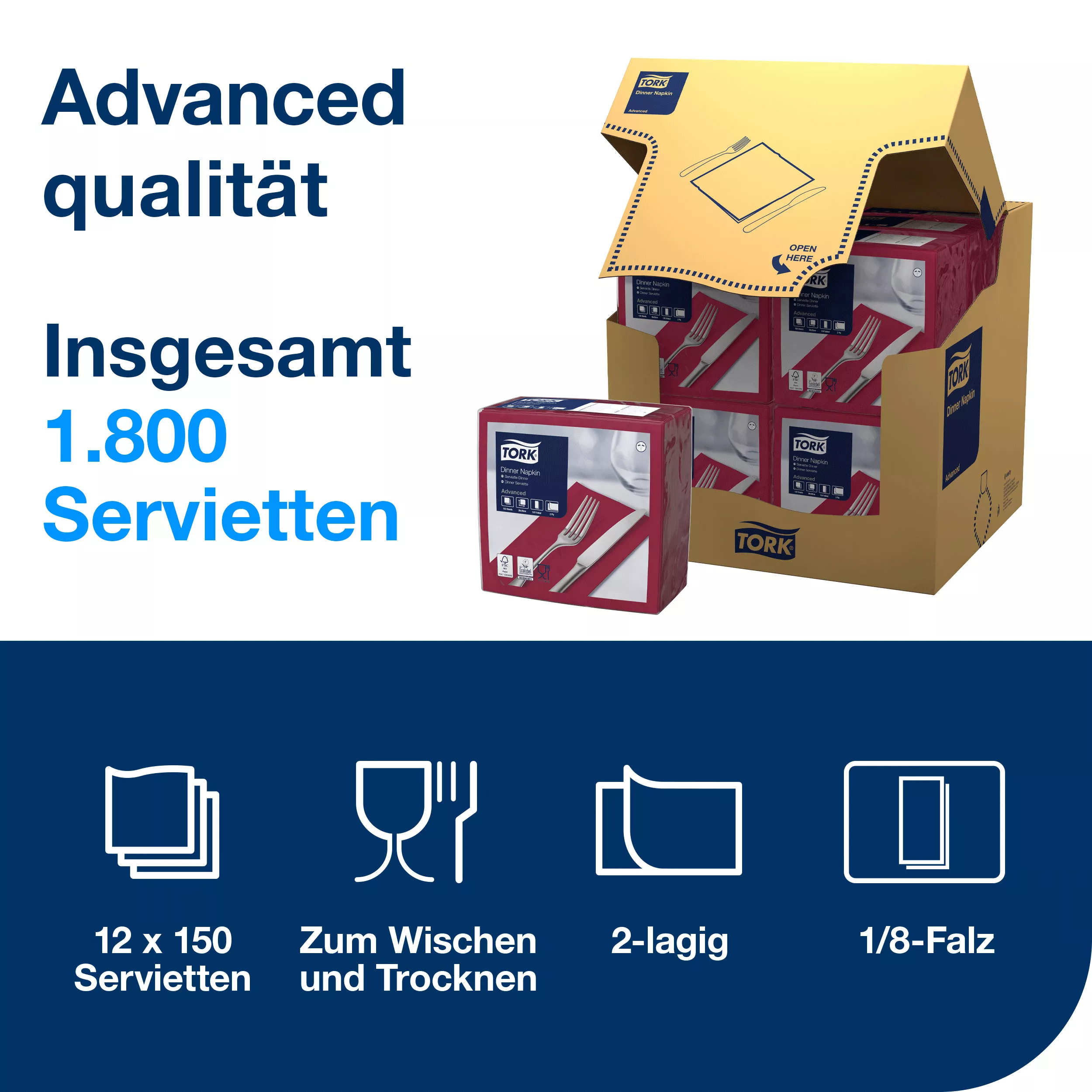 Tork Dinnerservietten Bordeauxrot, 1/8‑Falz, 2‑lagig, 39 cm × 39 cm, 12 × 150 Servietten, 477570