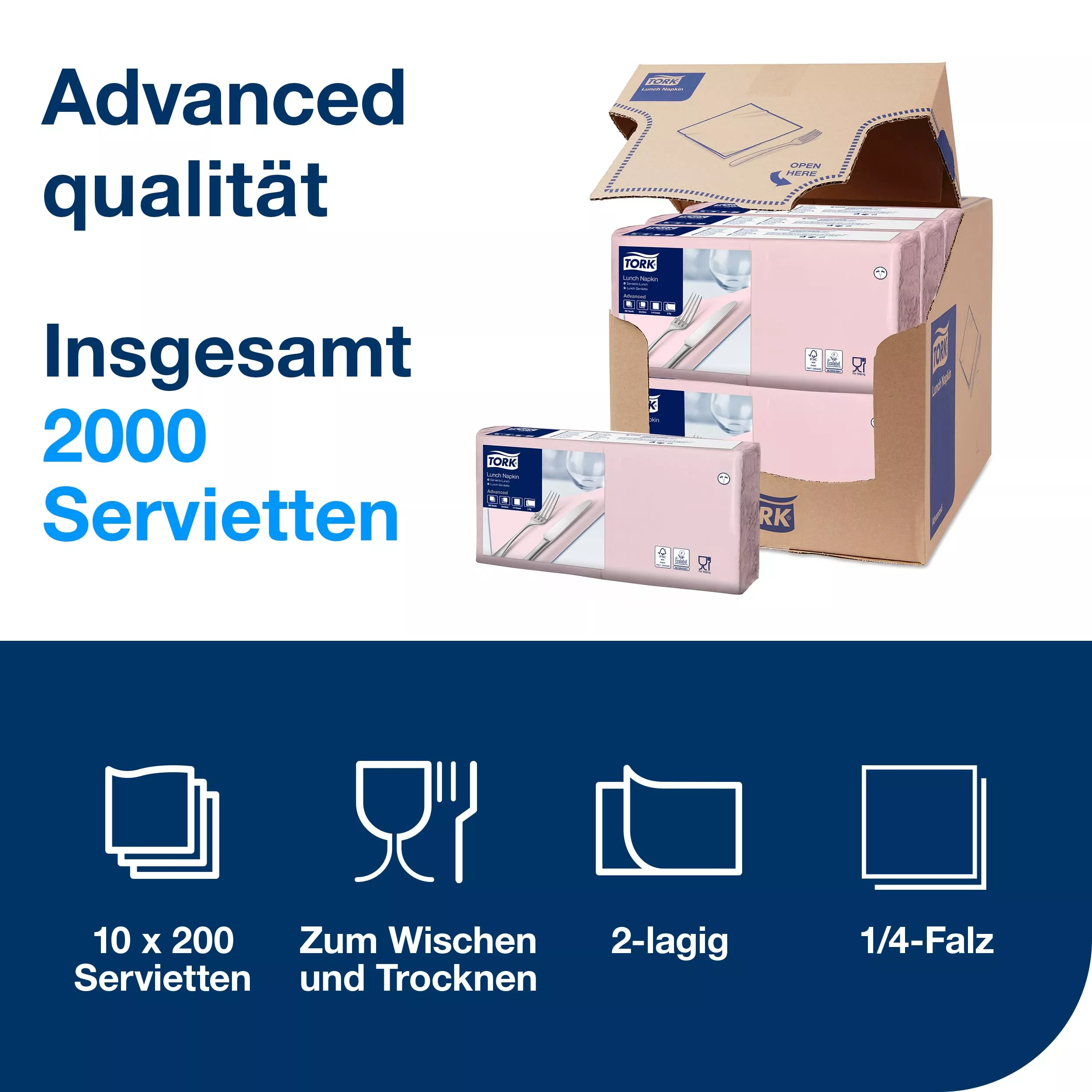 Tork Lunchservietten Hellrosa, 1/4-Falz, 2-lagig, 33 cm × 33 cm, 10 × 200 Servietten, 477847