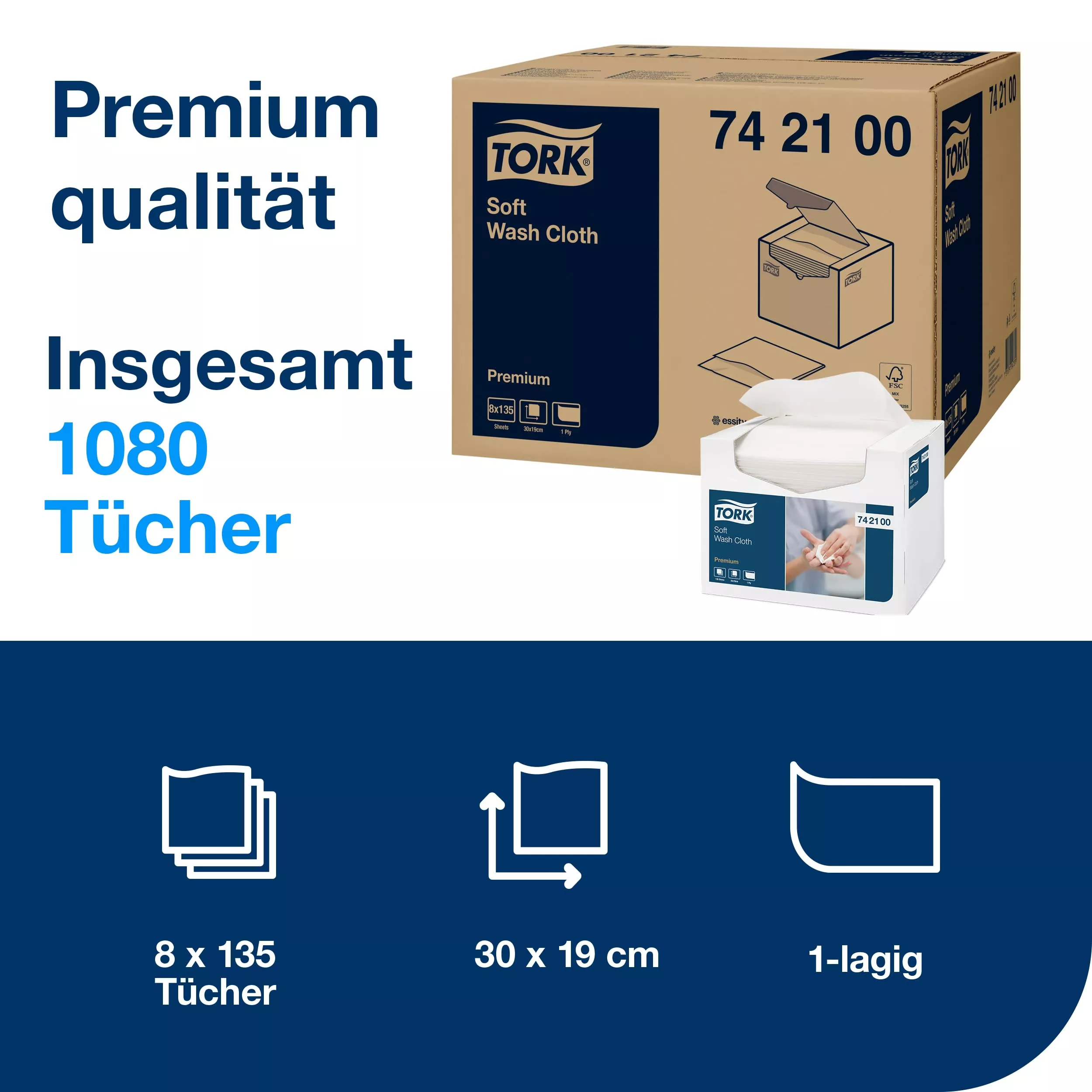Tork weiches Waschtuch Weiß, Premium-Qualität, sanfte Patientenpflege, 8 × 135 Tücher, 742100