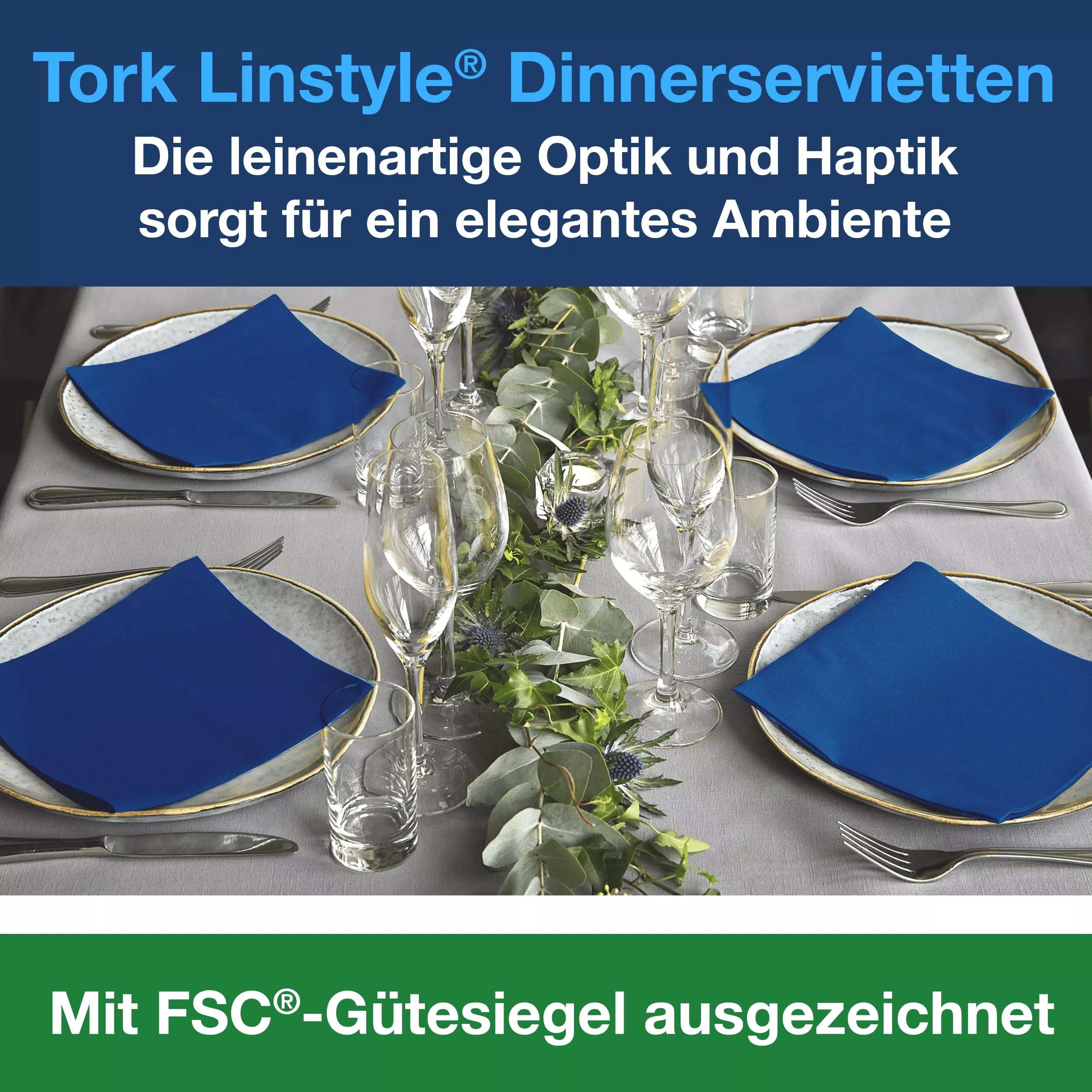 Tork LinStyle® Dinnerservietten Mitternachtsblau, 1/4‑Falz, 39 cm × 39 cm, 12 × 50 Servietten, 478856