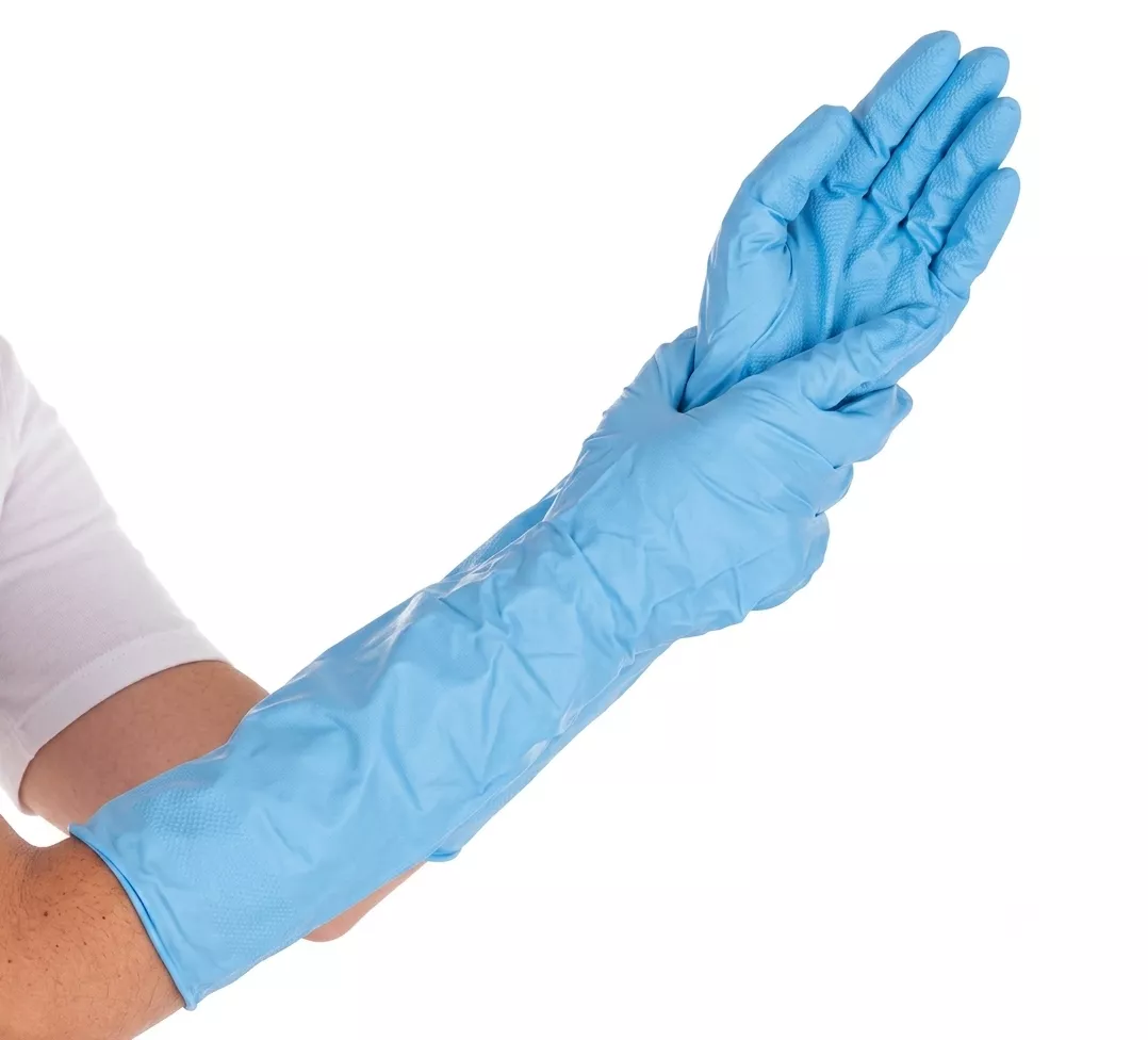 CleanClub Nitril Einmalhandschuhe lang Größe L puderfrei blau 100 Stück Box
