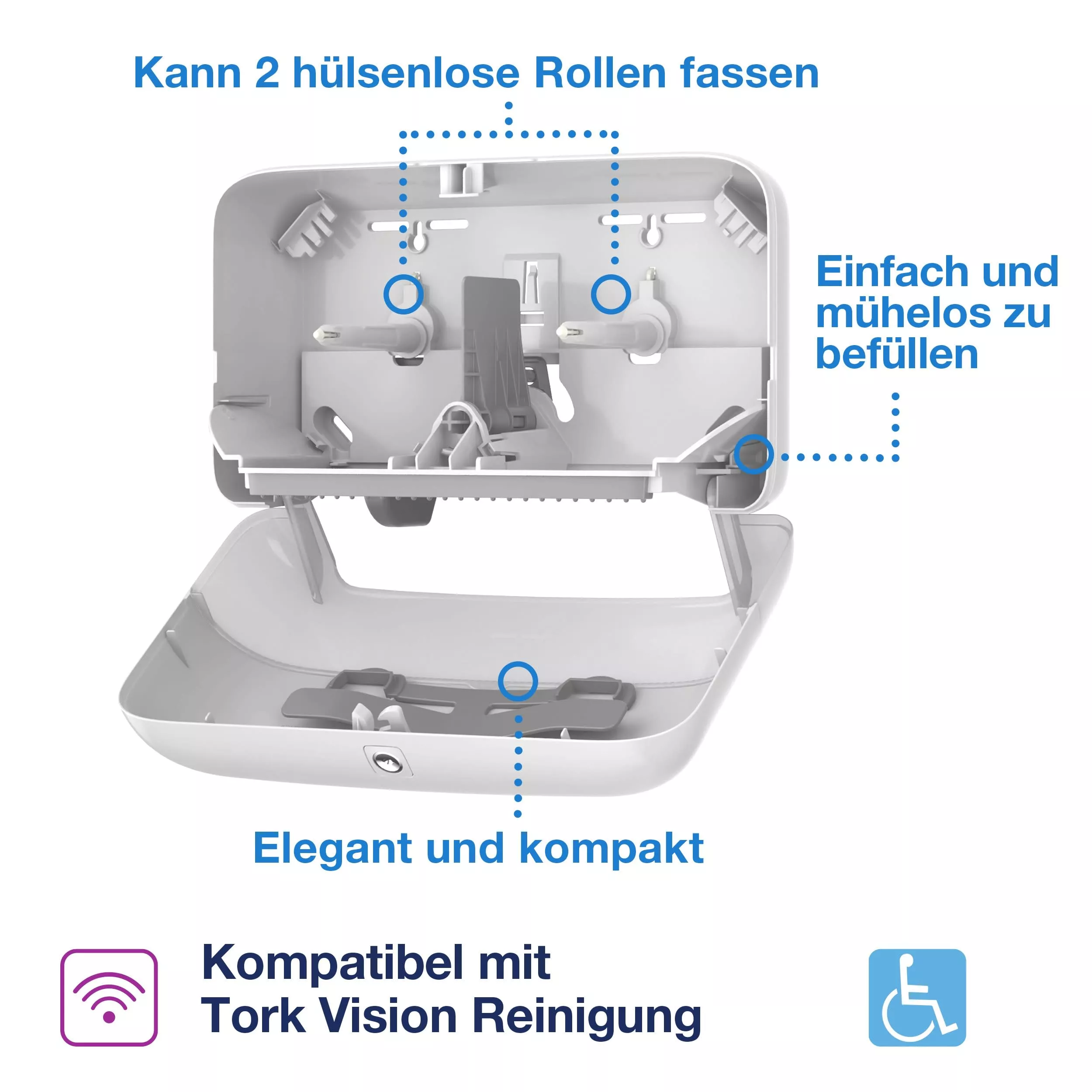 Tork OptiServe® Doppelrollenspender für Hülsenloses Toilettenpapier Edelstahl T7, vertikaler Toilettenrollenspender, 472019