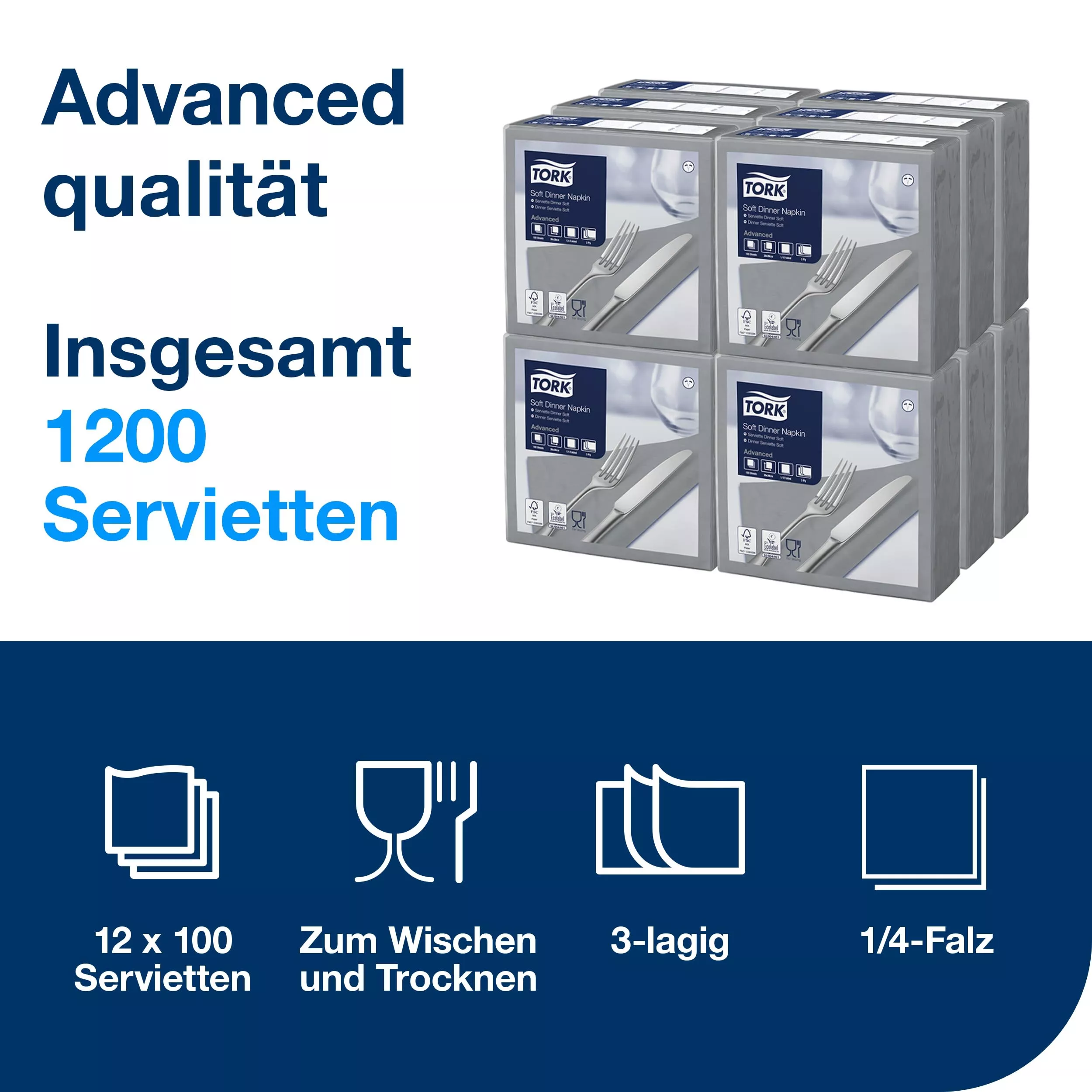 Tork Soft Dinnerservietten Grau, 1/4‑Falz, 3‑lagig, 40 cm × 39 cm, 12 × 100 Servietten, 477673