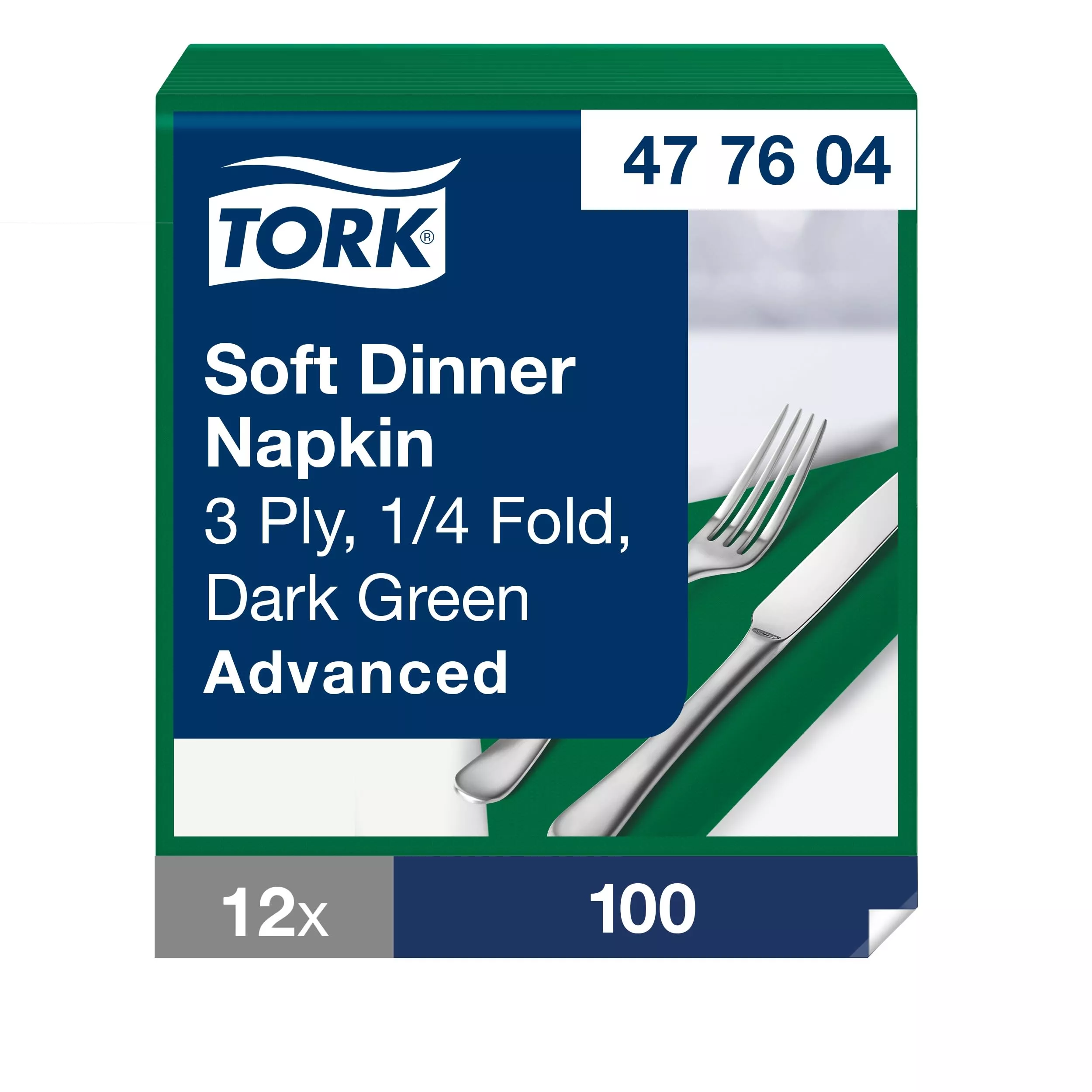 Tork Soft Dinnerservietten Dunkelgrün, 1/4‑Falz, 3‑lagig, 40 cm × 39 cm, 12 × 100 Servietten, 477604