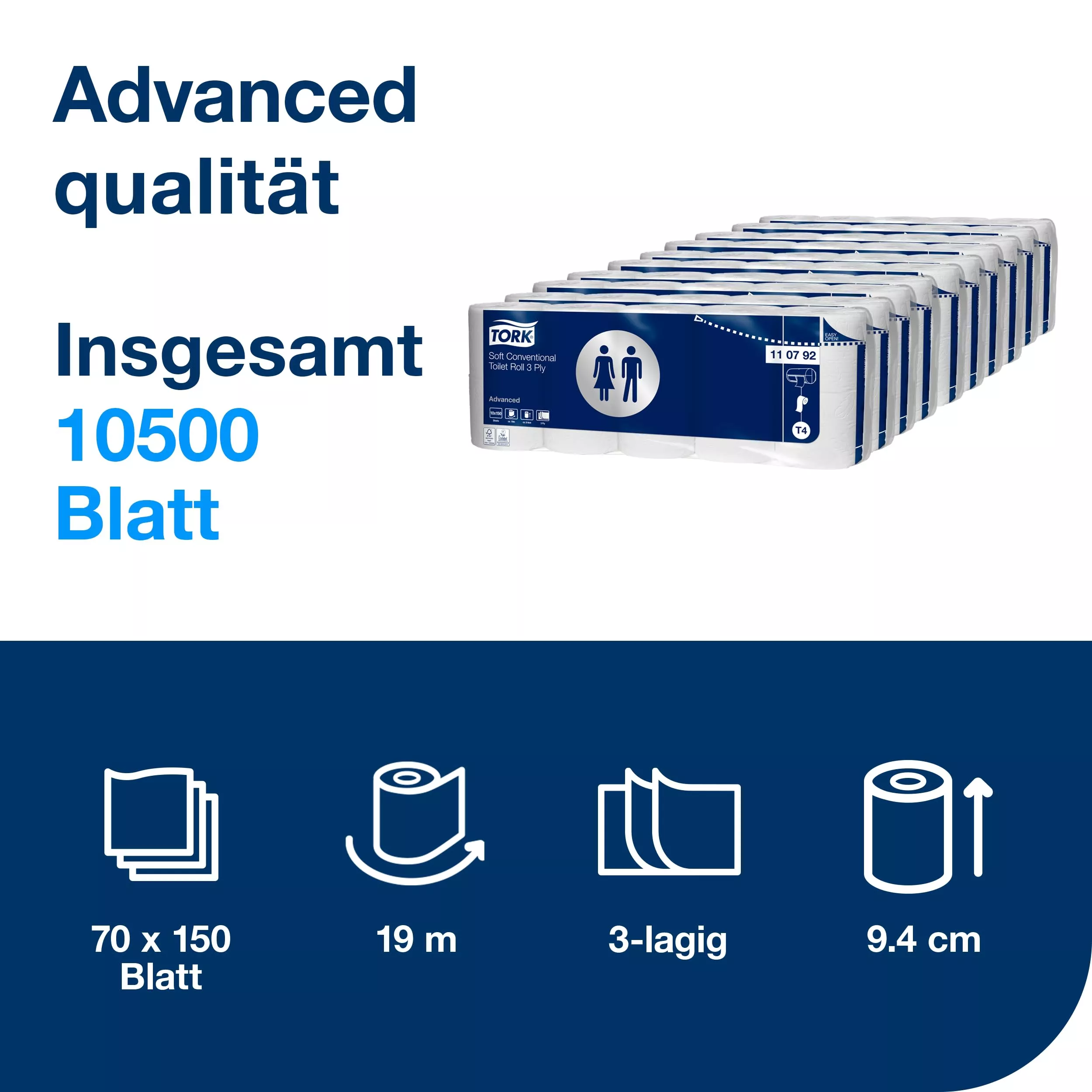 Tork weiches Kleinrollen Toilettenpapier Weiß T4, Advanced, 3-lagig, 70 × 150 Blätter, 110792