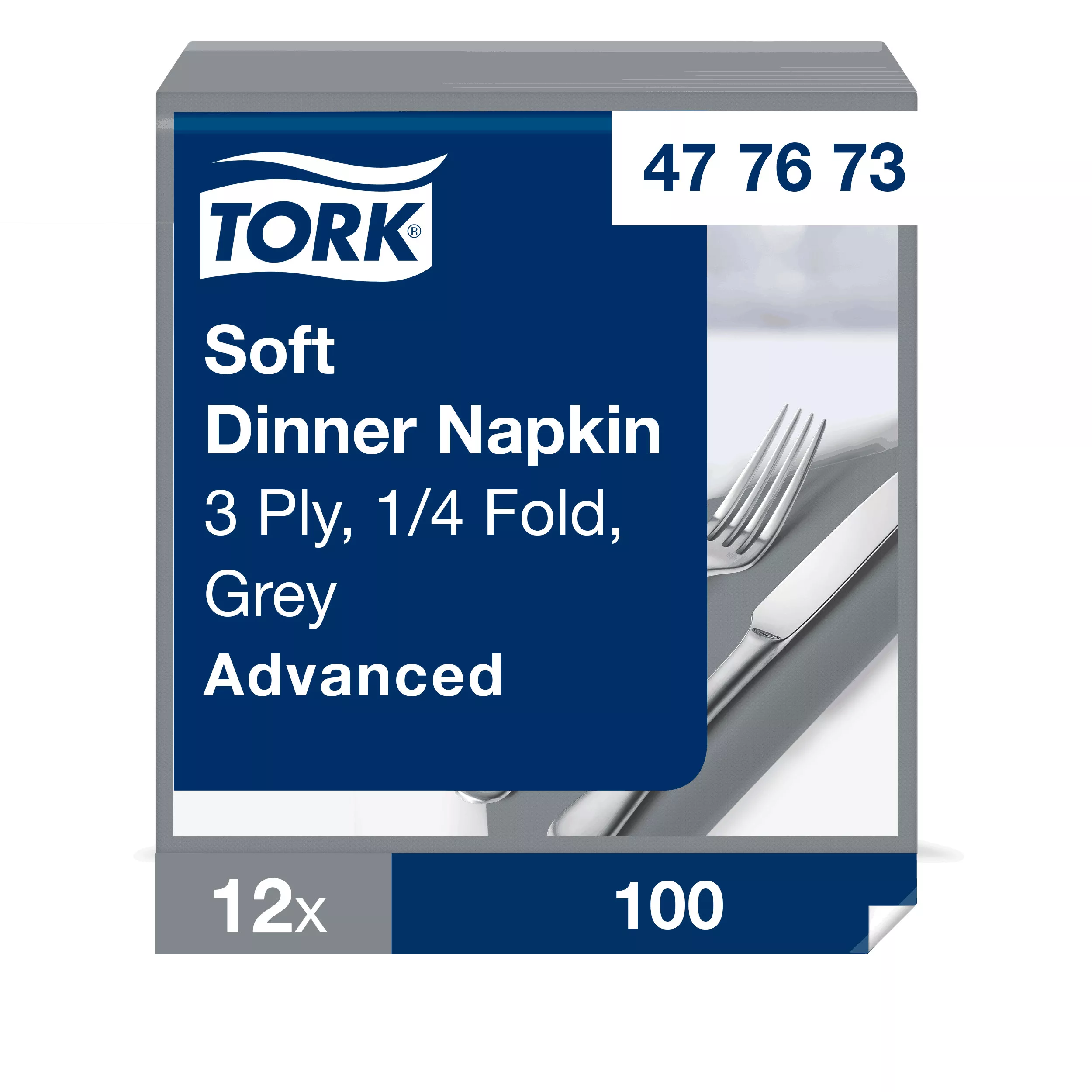 Tork Soft Dinnerservietten Grau, 1/4‑Falz, 3‑lagig, 40 cm × 39 cm, 12 × 100 Servietten, 477673