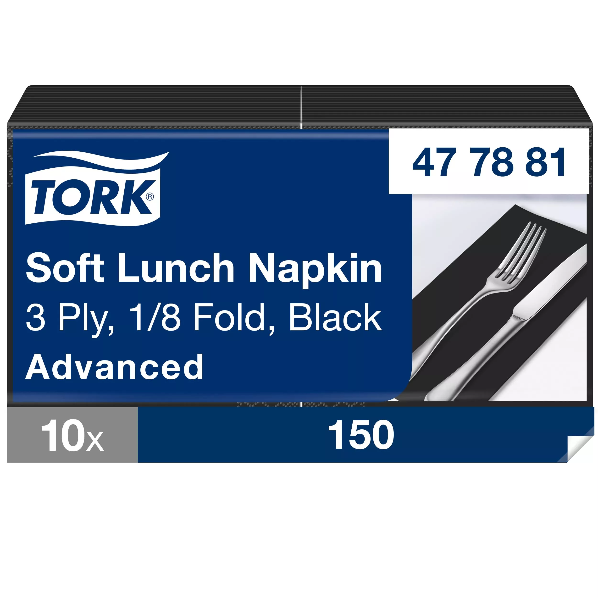 Tork Soft Lunchservietten Schwarz, 1/8-Falz, 3-lagig, 33 cm × 33 cm, 10 × 150 Servietten, 477881