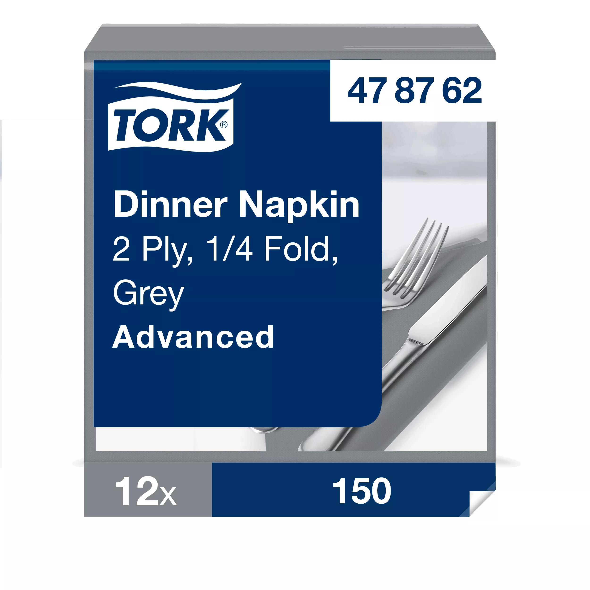 Tork Dinnerservietten Grau, 1/4-Falz, 2‑lagig, 40 cm × 39 cm, 12 × 150 Servietten, 478762