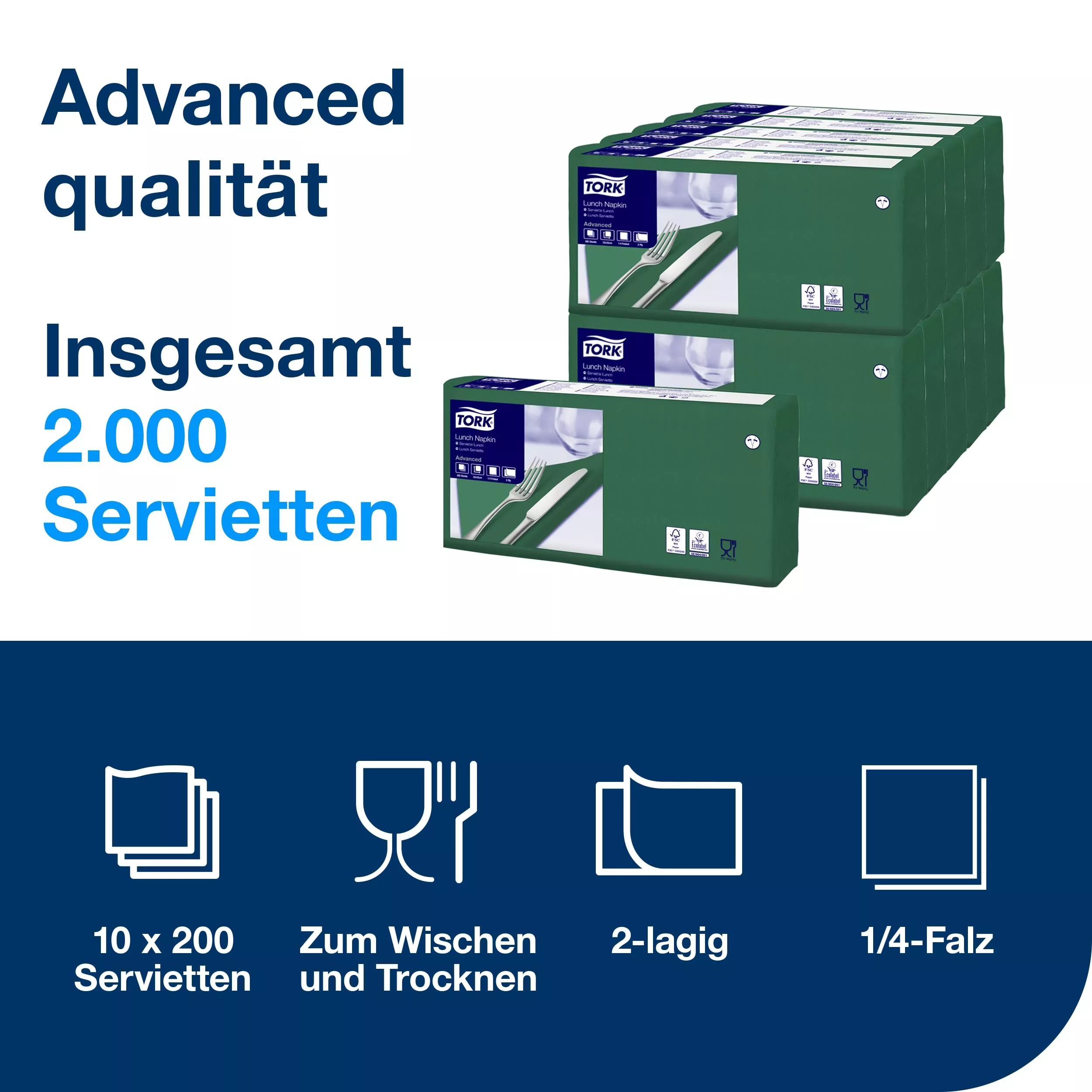 Tork Lunchservietten Dunkelgrün, 1/4-Falz, 2-lagig, 33 cm × 33 cm, 10 × 200 Servietten, 477214