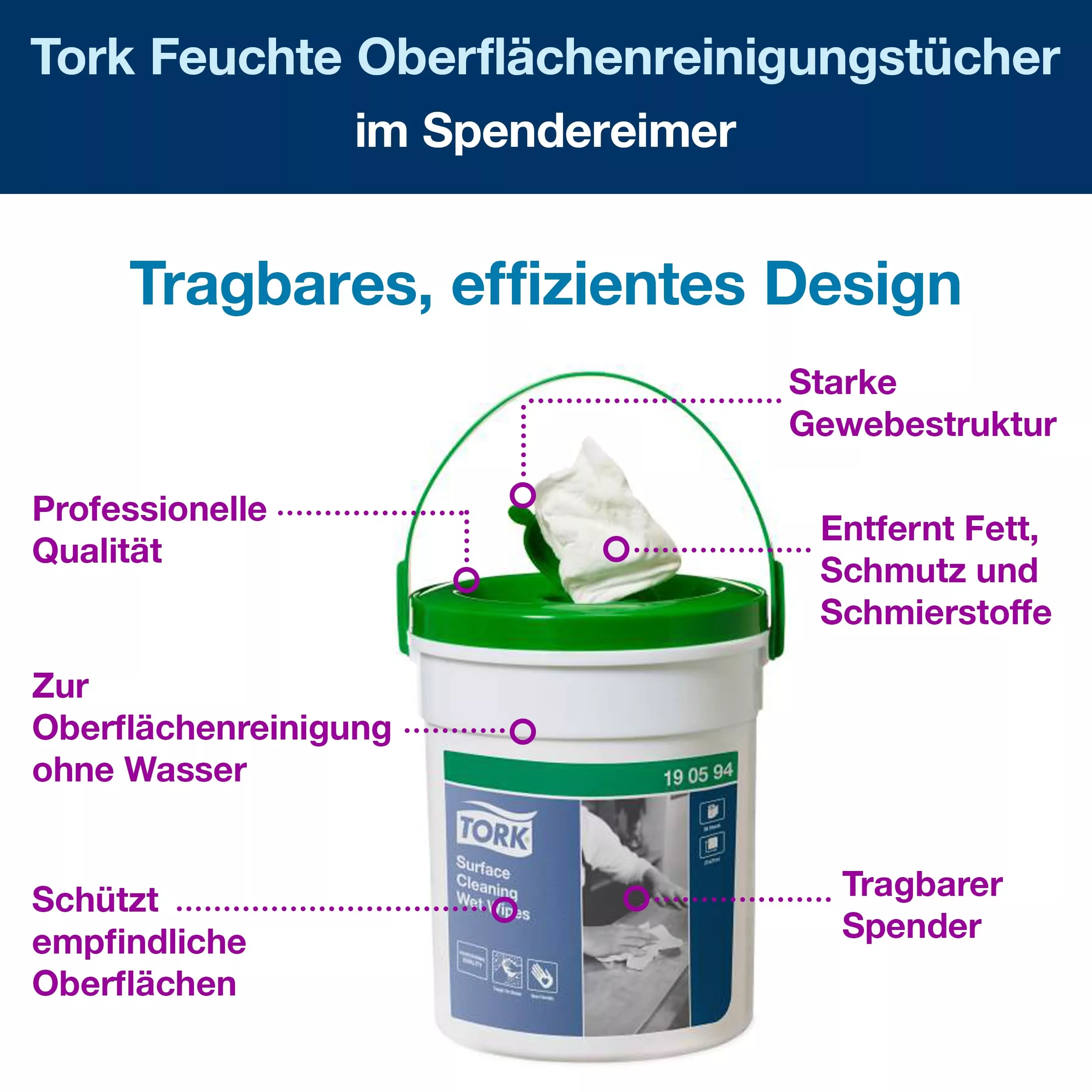 Tork Feuchte Oberflächenreinigungstücher im Spendereimer Weiß W15, Starke Struktur, 4 × 58 Tücher, 190594