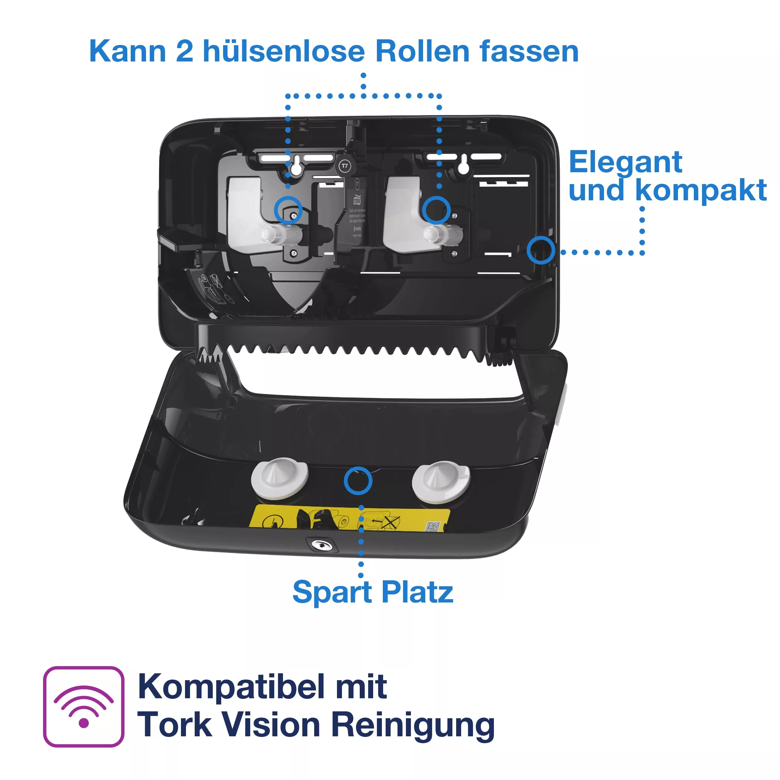 Tork OptiServe® Doppelrollenspender für Hülsenloses Toilettenpapier Schwarz T7, horizontaler Toilettenrollenspender, Elevation Design, 558048