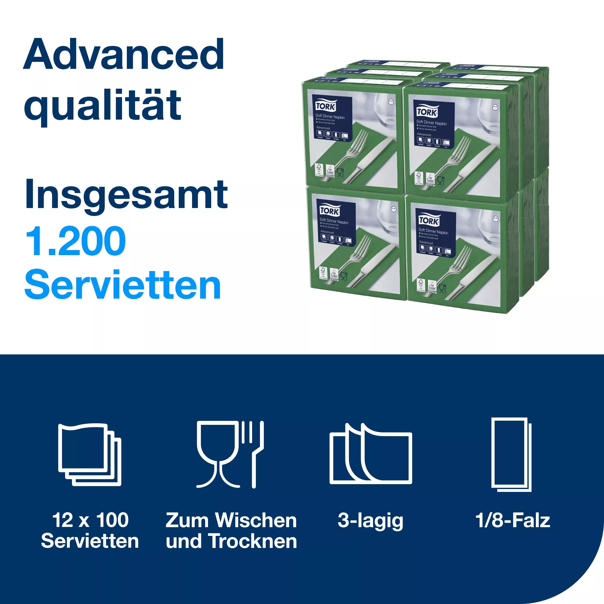 Tork Soft Dinnerservietten Dunkelgrün, 1/8‑Falz, 3‑lagig, 39 cm × 39 cm, 12 × 100 Servietten, 477617