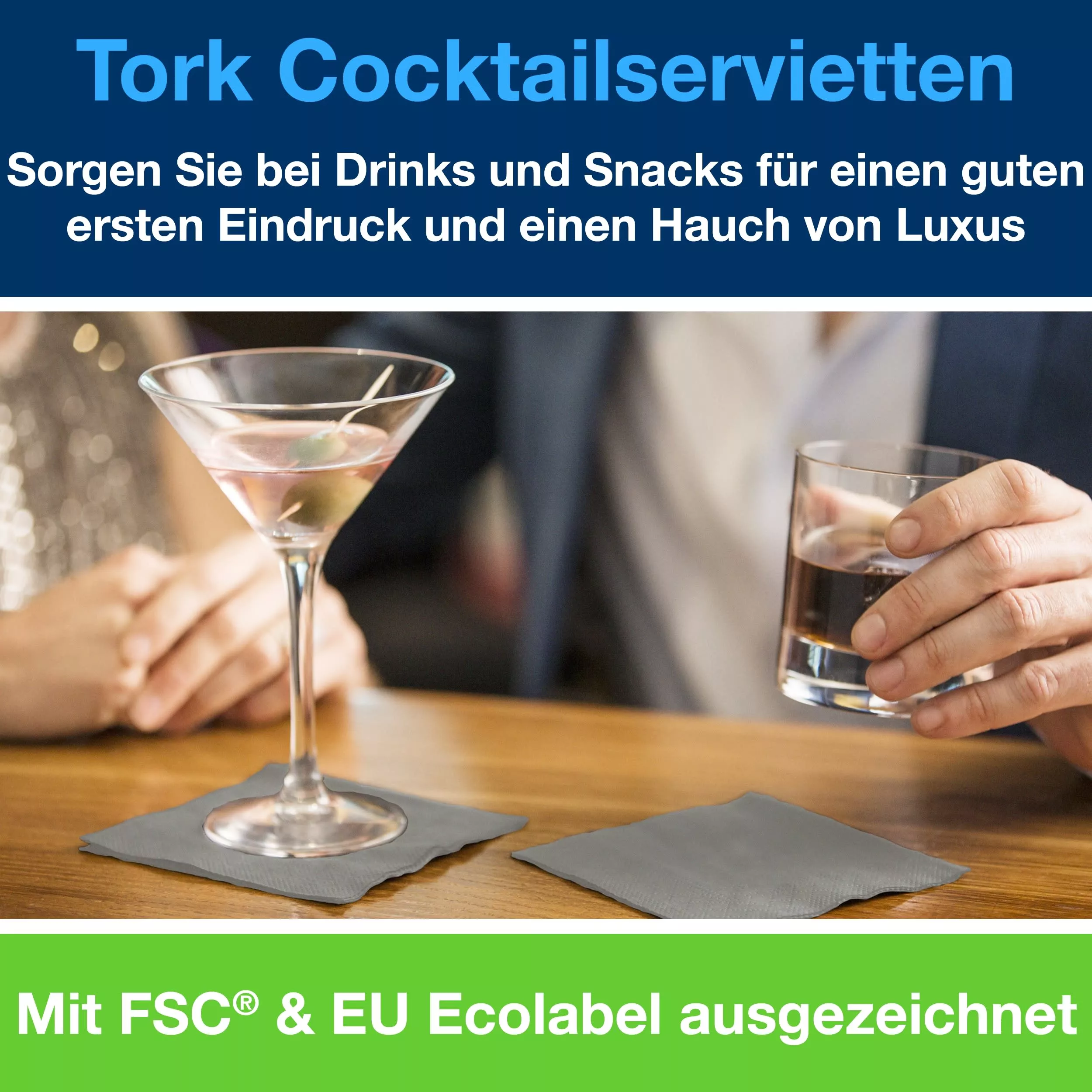 Tork Cocktailservietten Grau, 1/4-Falz, 2-lagig, 24 cm × 24 cm, 12 × 200 Servietten, 477832