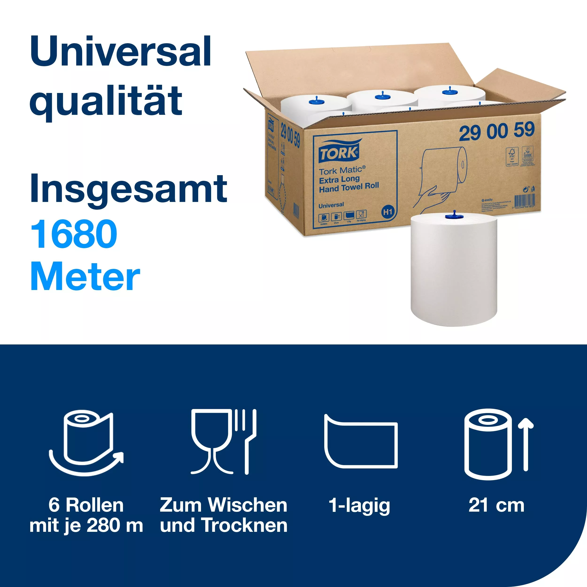 Tork Matic® extra-lange Papierhandtuchrollen Weiß H1, Universal-Qualität, 6 Rollen mit je 280 m, 290059