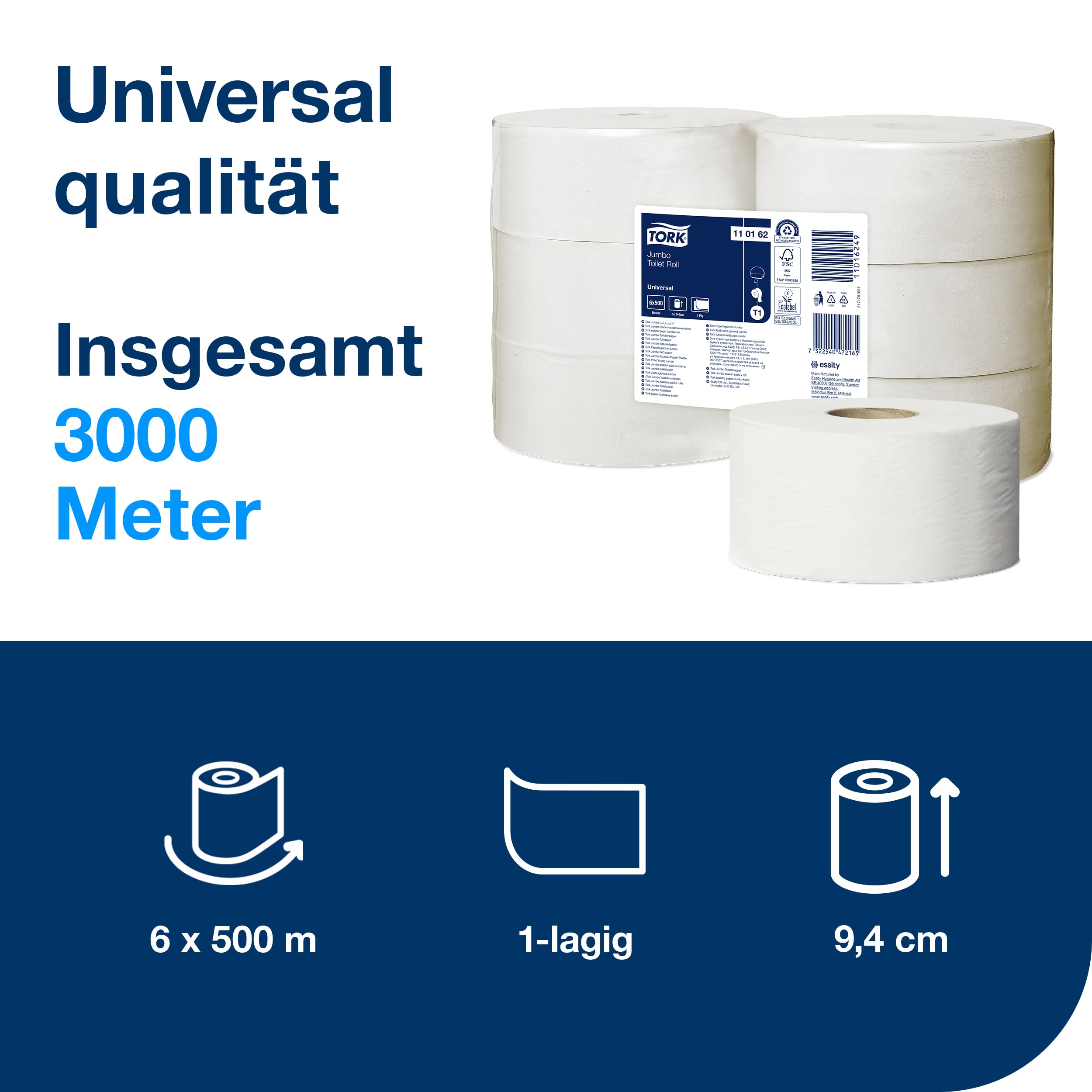 Tork Jumbo Toilettenpapier Weiß T1, Universal, 1‑lagig, 6 × 500 m, 110162
