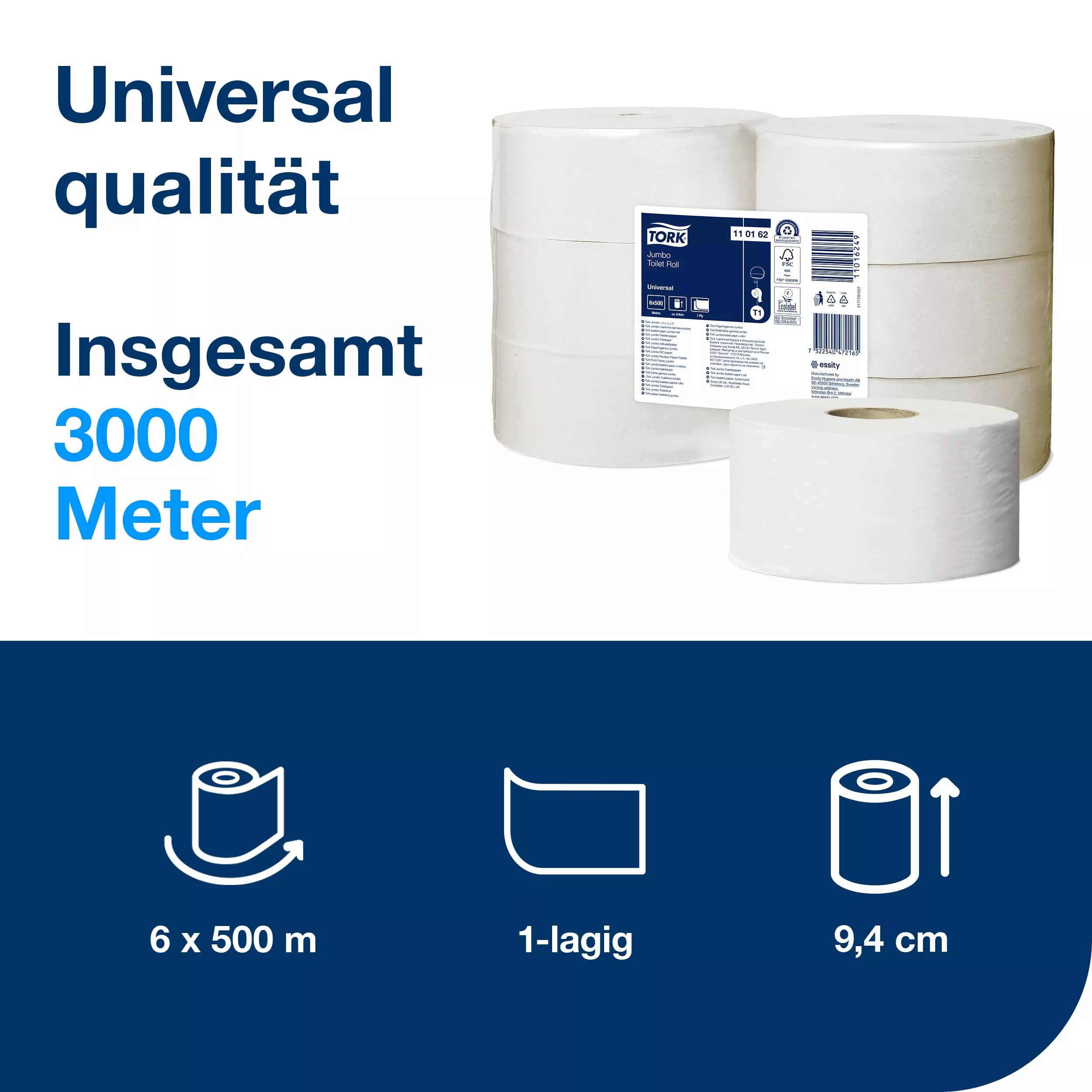 Tork Jumbo Toilettenpapier Weiß T1, Universal, 1‑lagig, 6 × 500 m, 110162