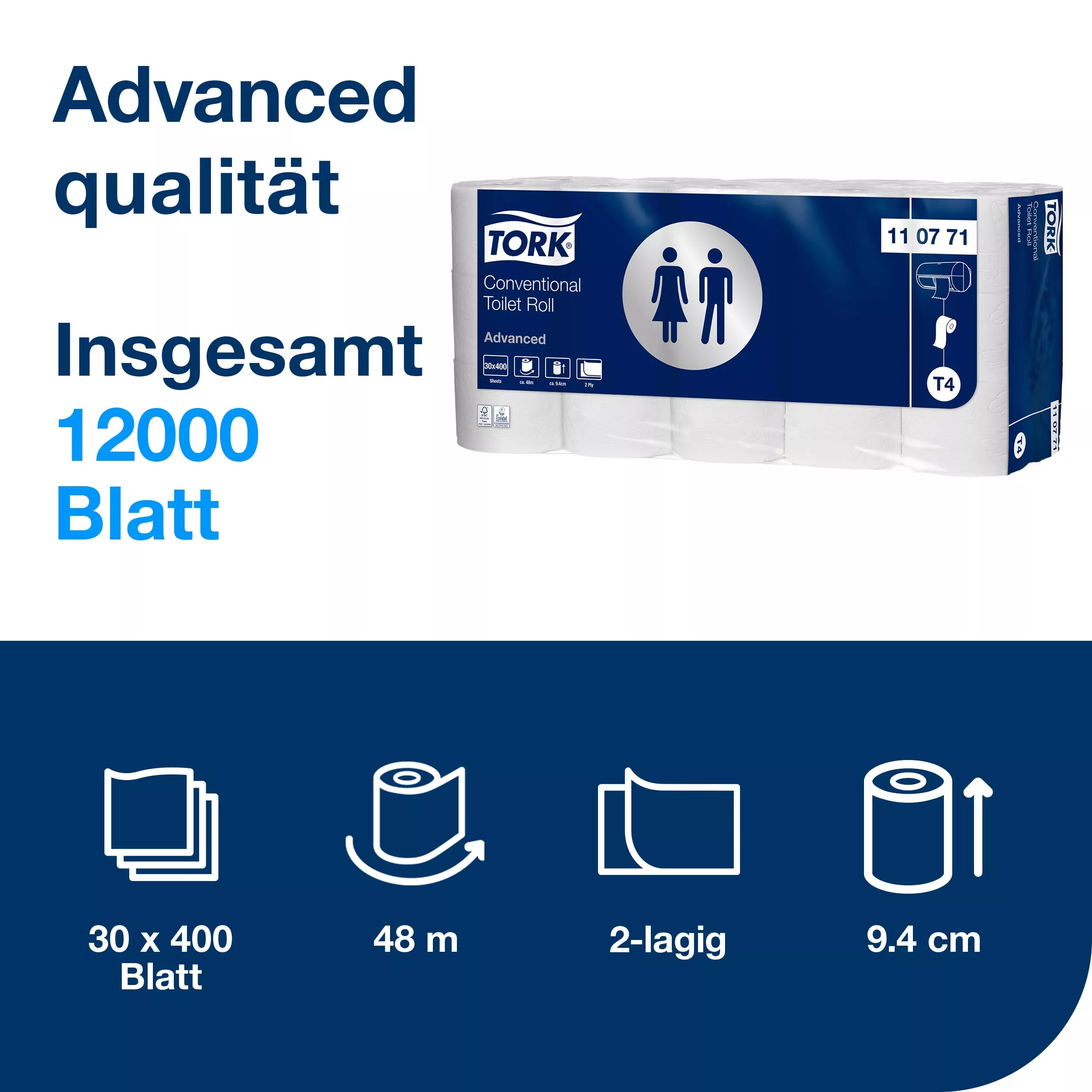 Tork Kleinrollen Toilettenpapier Weiß T4, Advanced, 2-lagig, 30 × 400 Blatt, 110771