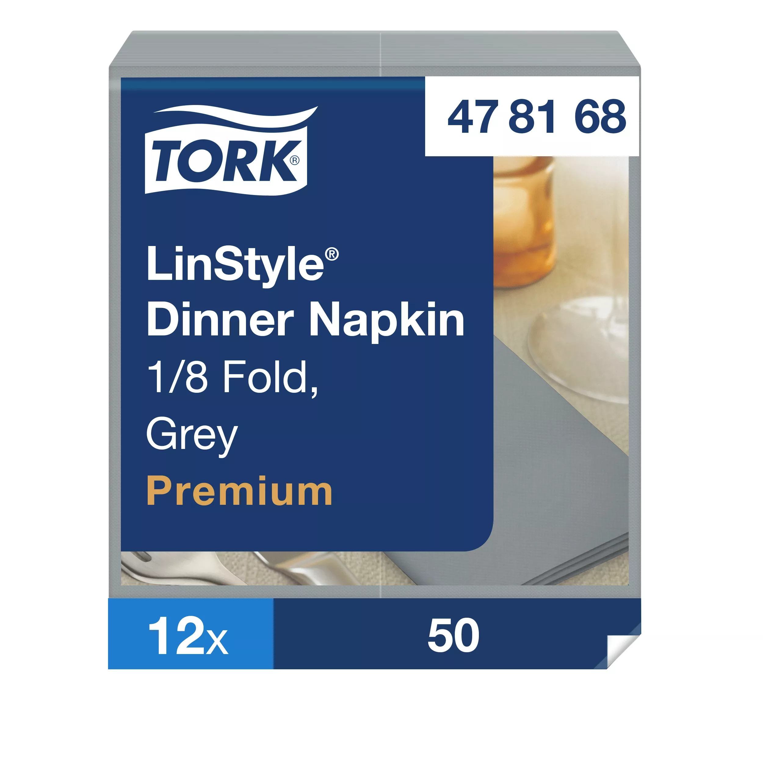Tork LinStyle® Dinnerservietten Grau, 1/8‑Falz, 40 cm × 39 cm, 12 × 50 Servietten, 478168