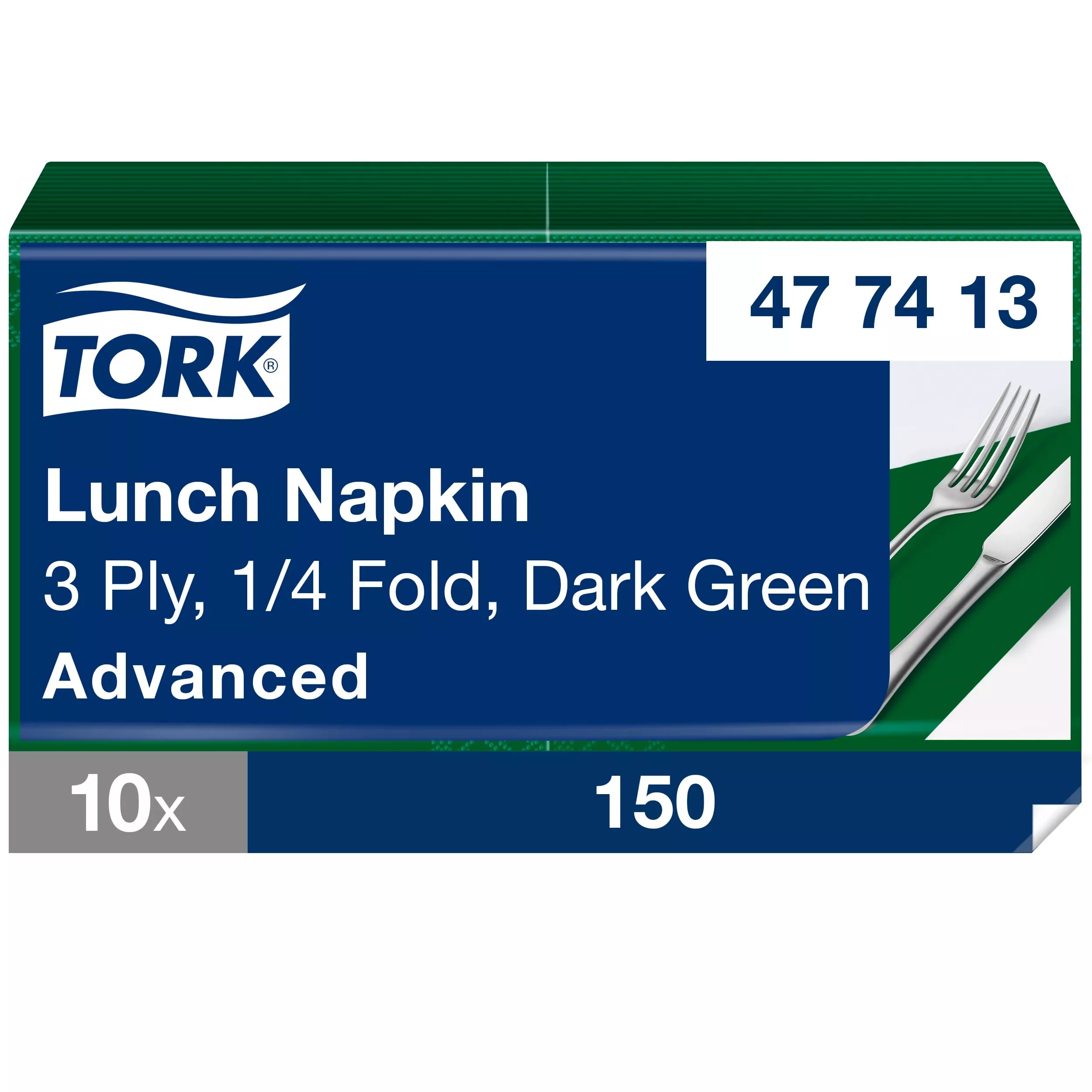 Tork Soft Lunchserviette Dunkelgrün, 1/4-Falz, 3-lagig, 33 cm × 33 cm, 10 × 150 Servietten, 477413