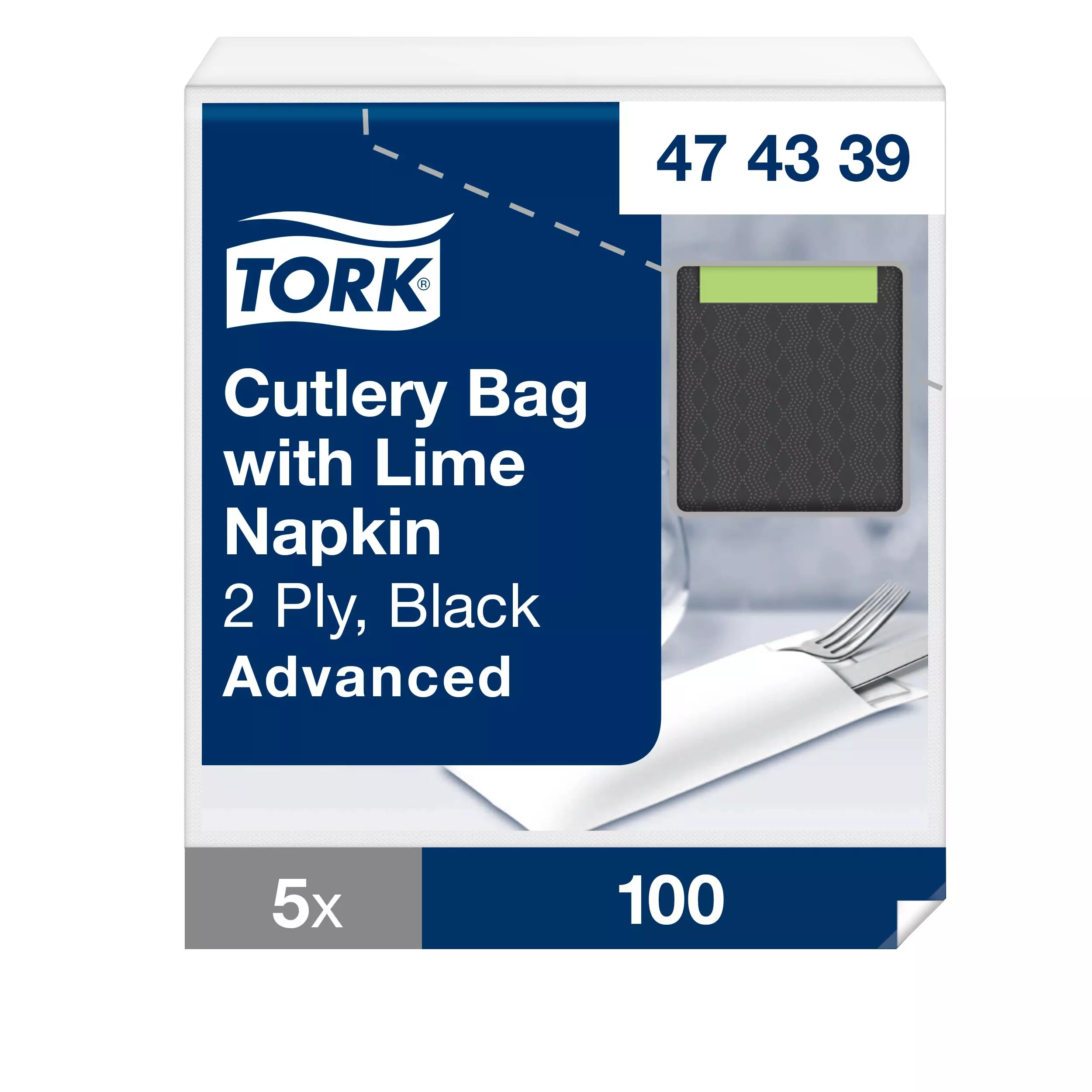 Tork hygienische Bestecktaschen Schwarz, mit Serviette Limone, 5 × 100 Bestecktaschen, 474339