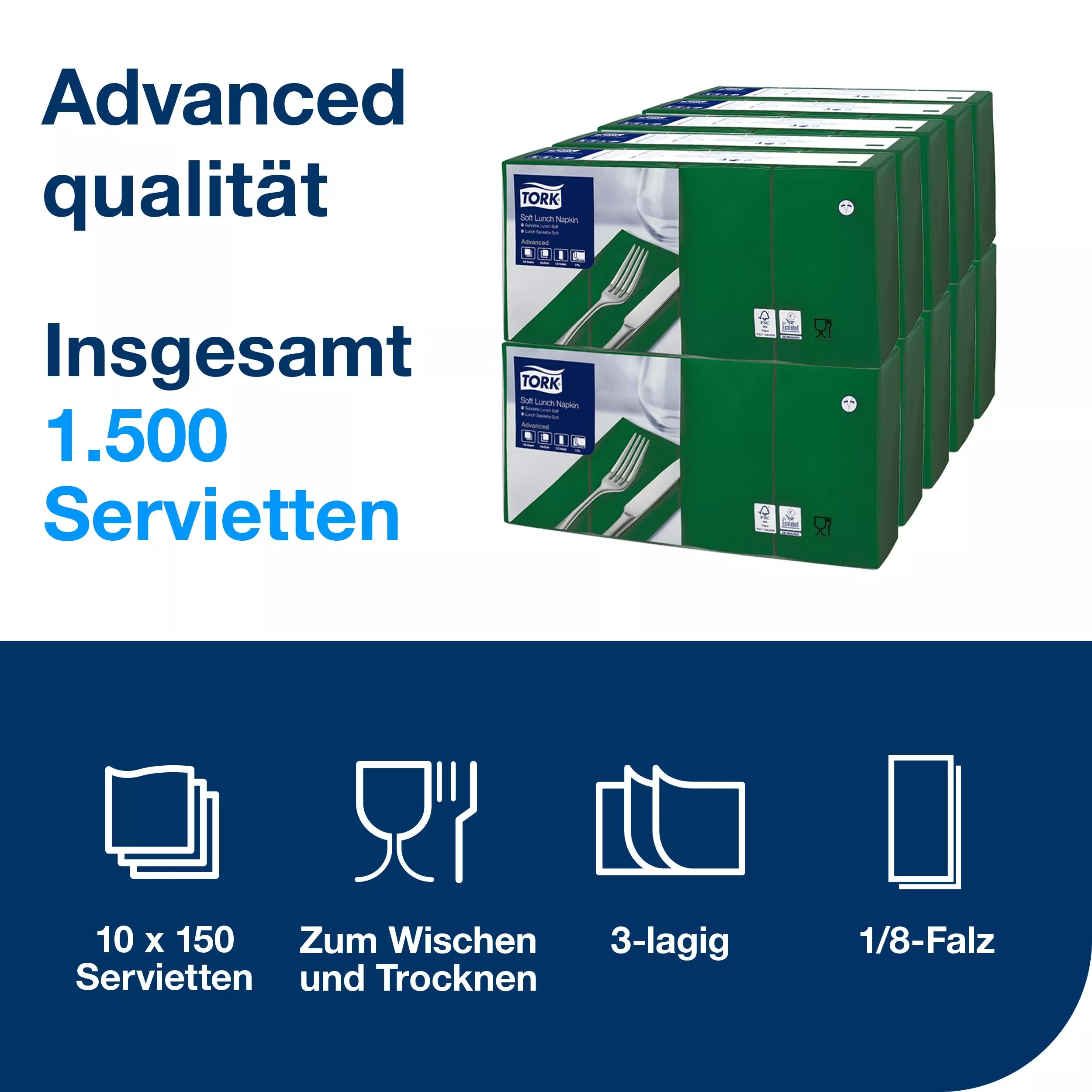 Tork Lunchserviette Dunkelgrün, 1/8-Falz, 3-lagig, 33 cm × 33 cm, 10 × 150 Servietten, 477420