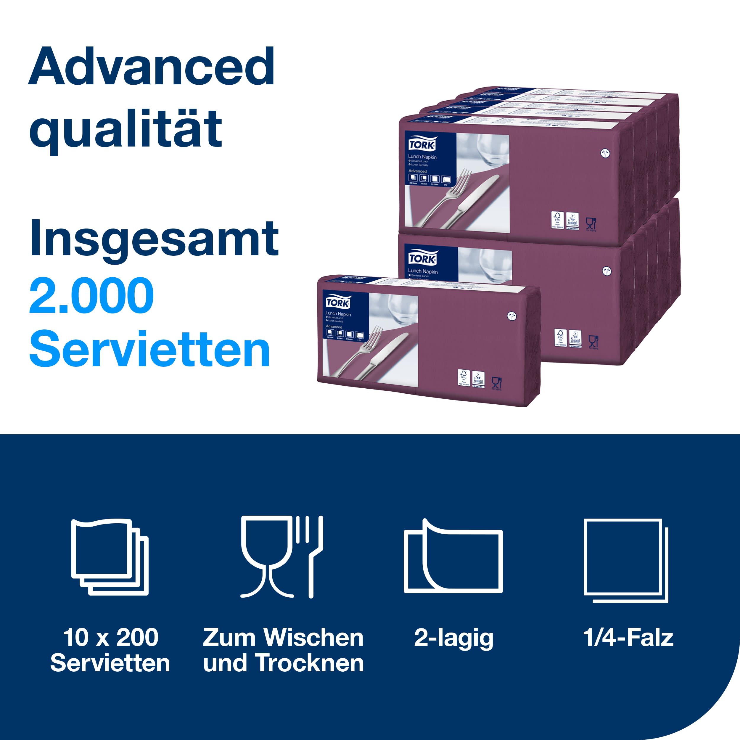 Tork Lunchservietten Violett, 1/4-Falz, 2-lagig, 33 cm × 33 cm, 10 × 200 Servietten, 477207