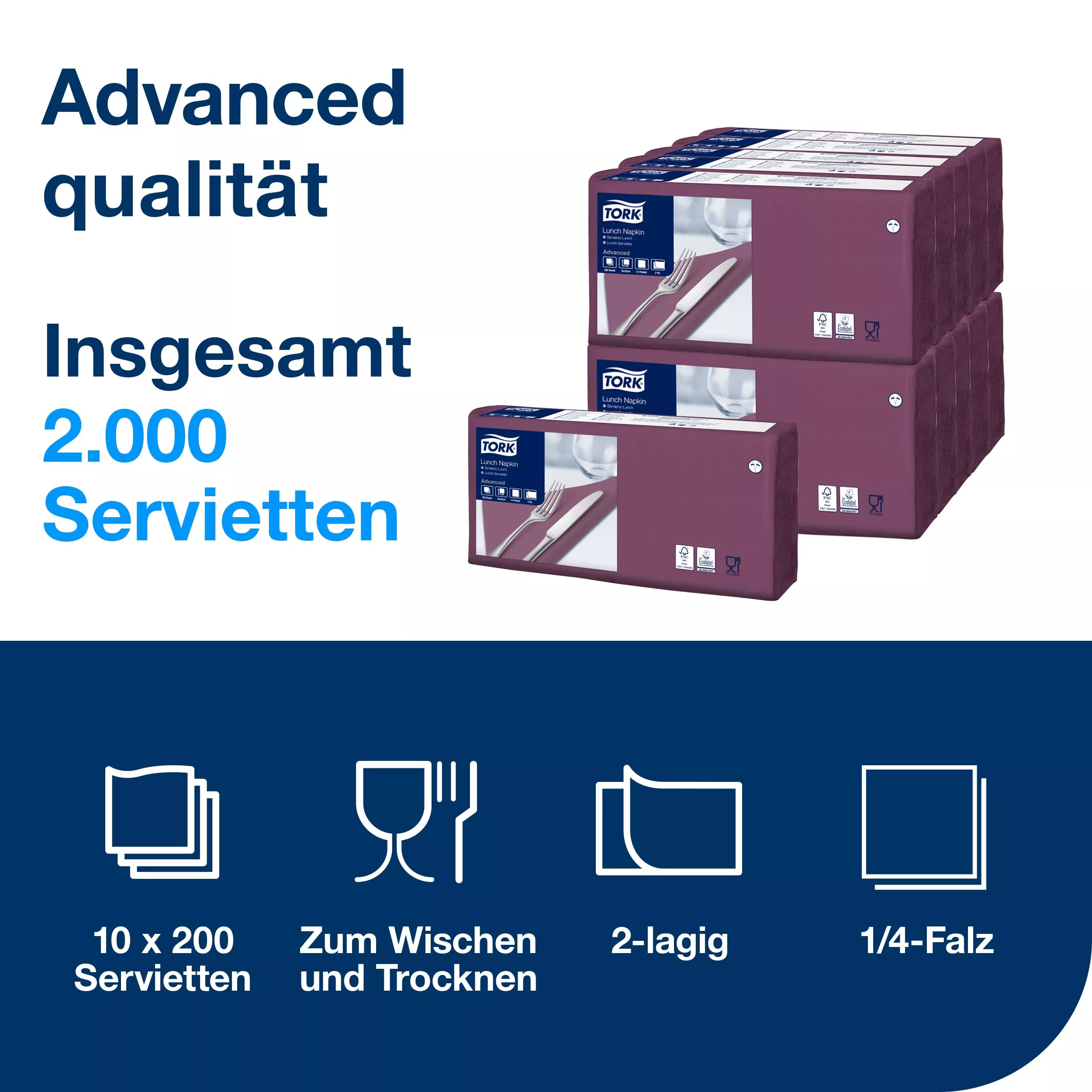 Tork Lunchservietten Violett, 1/4-Falz, 2-lagig, 33 cm × 33 cm, 10 × 200 Servietten, 477207