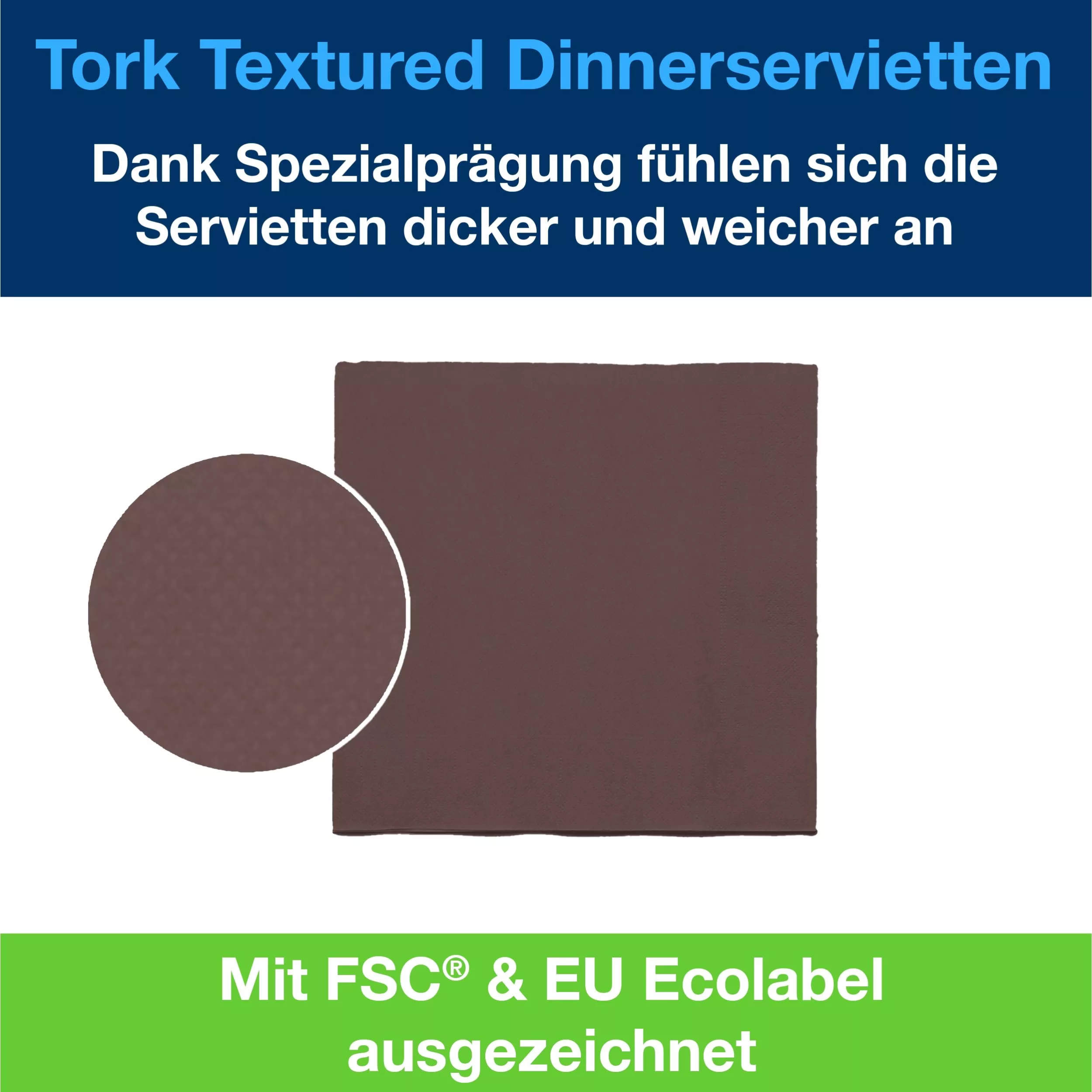 Tork Textured Dinnerservietten Braun, 1/4‑Falz, 2‑lagig, 38 cm × 39 cm, 20 × 50 Servietten, 509418