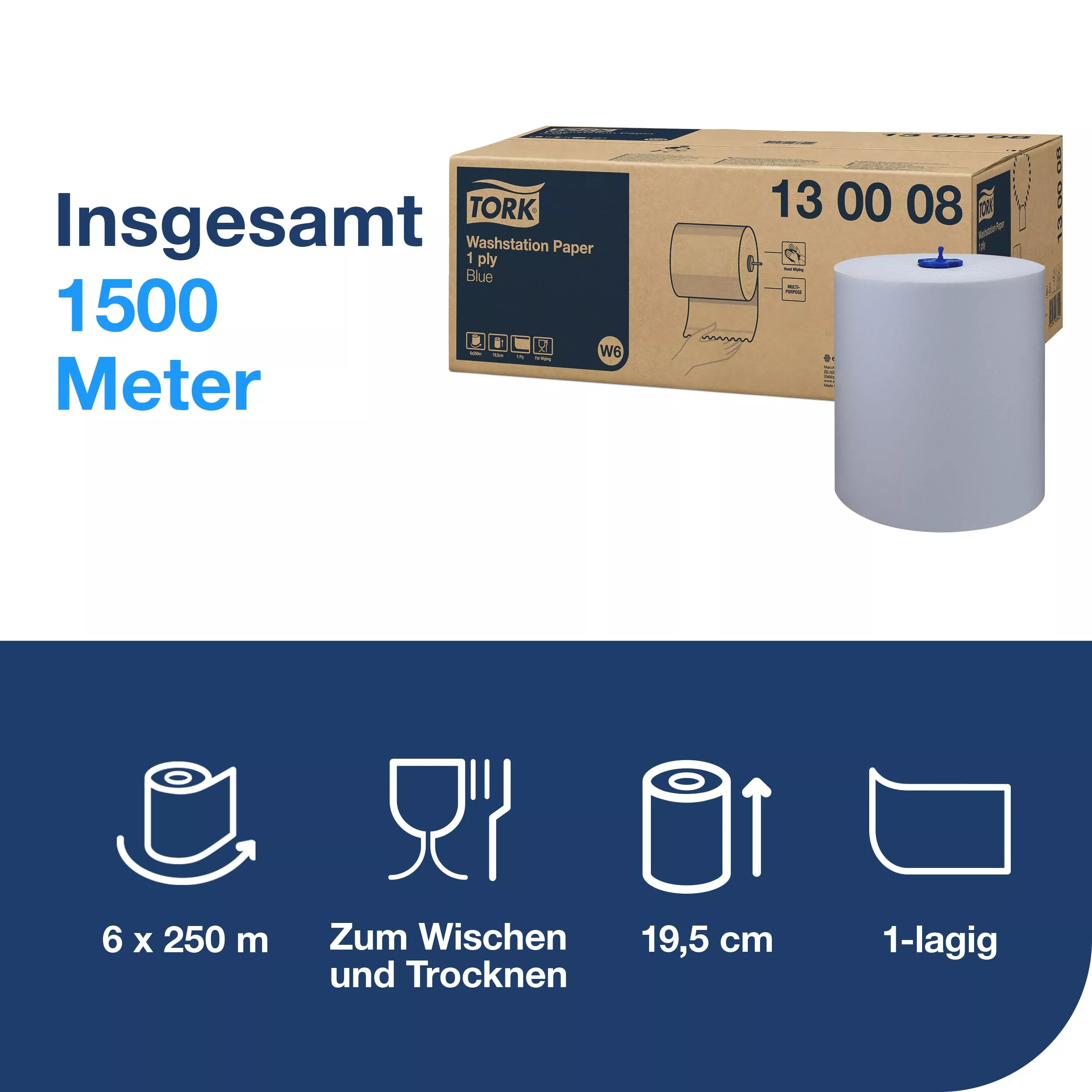 Tork Standard-Papierwischtücher Blau W6, Papierrolle, 6 × 250 m, 130008