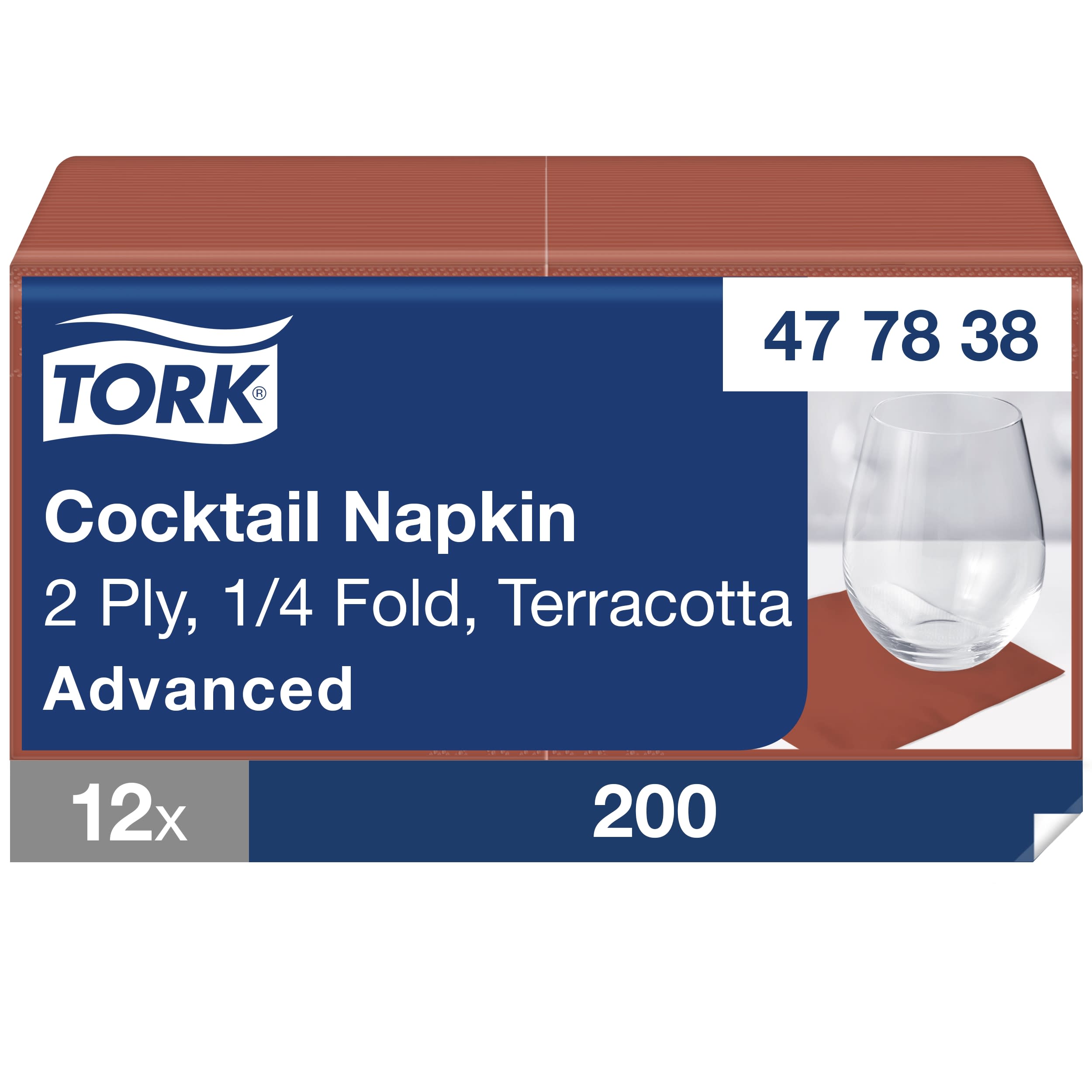 Tork Cocktailservietten Terracotta, 1/4-Falz, 2-lagig, 24 cm × 24 cm, 12 × 200 Servietten, 477838